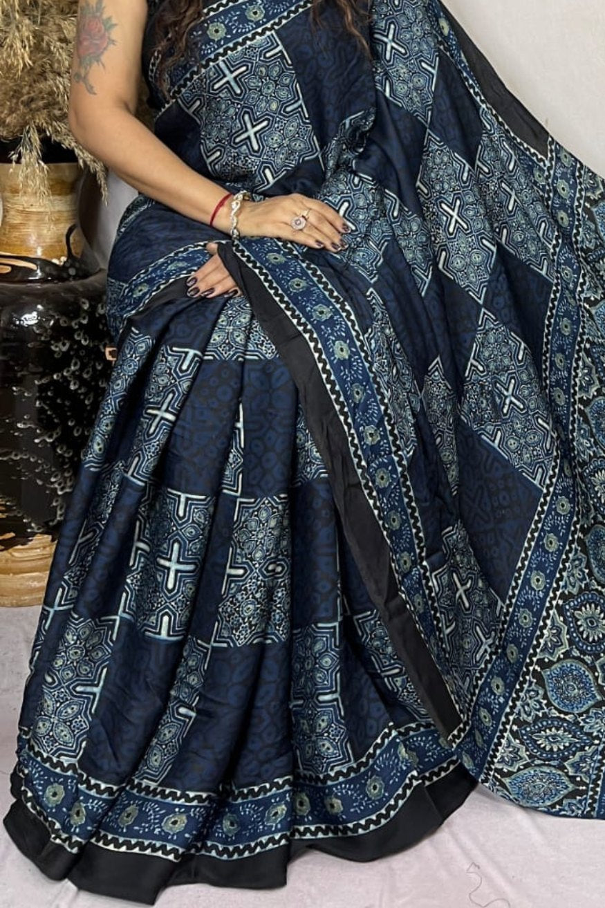 Buy MySilkLove Ebony Clay Blue Ajrakh Modal Handblock Printed Silk Saree Online