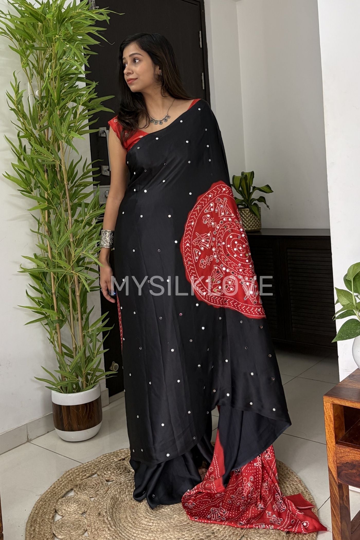 Buy MySilkLove Charcoal Black and Red Gaji Bandej Satin Soft Silk Saree Online