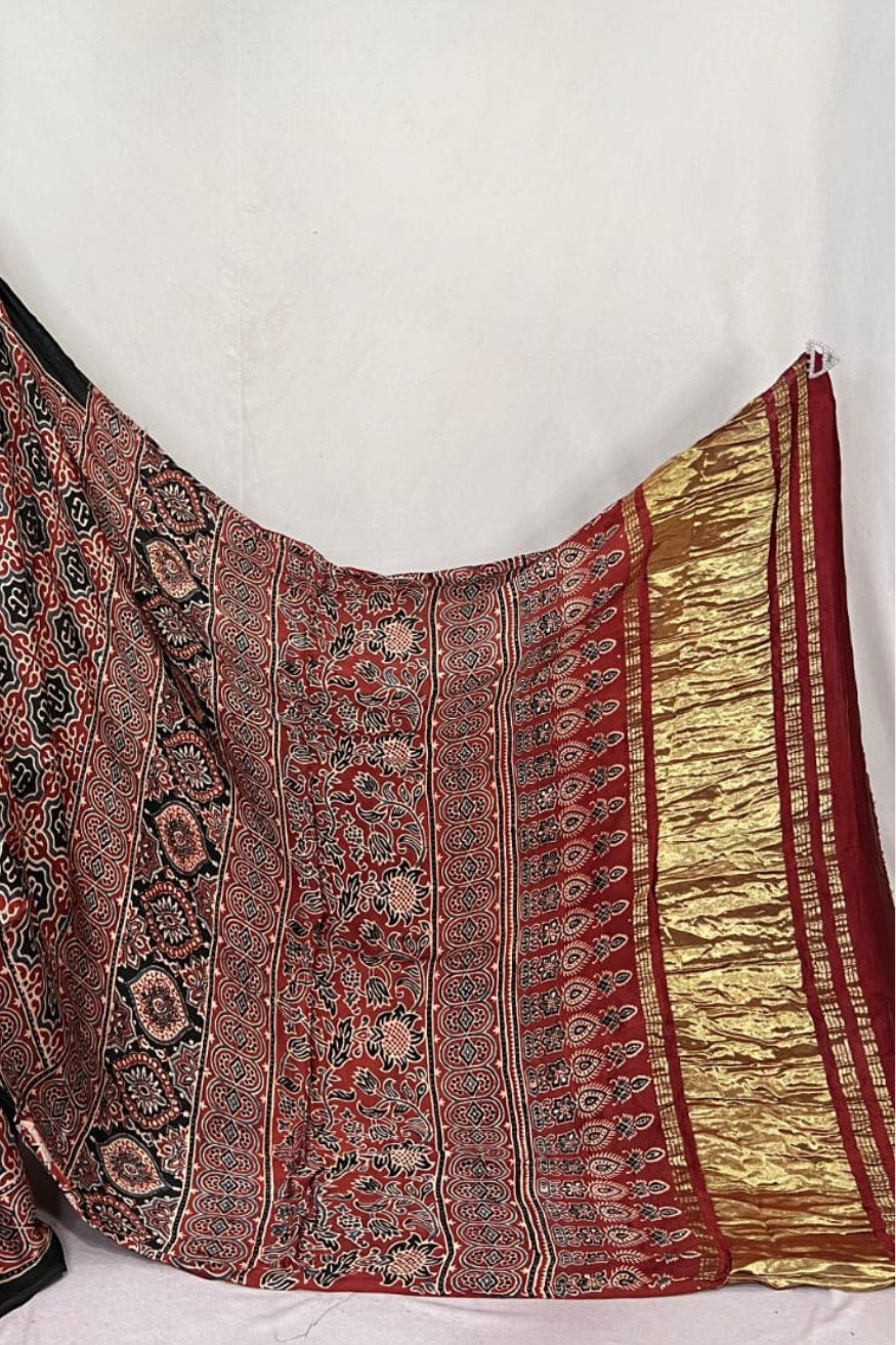 Buy MySilkLove Copper Rust Brown Ajrakh Modal Handblock Printed Silk Saree Online