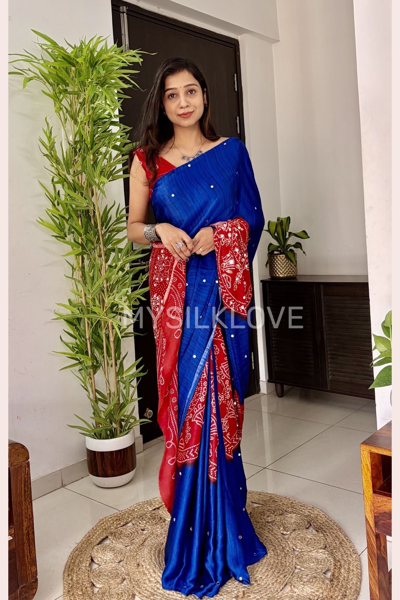 Buy MySilkLove Admiral Blue and Red Gaji Bandej Satin Soft Silk Saree Online