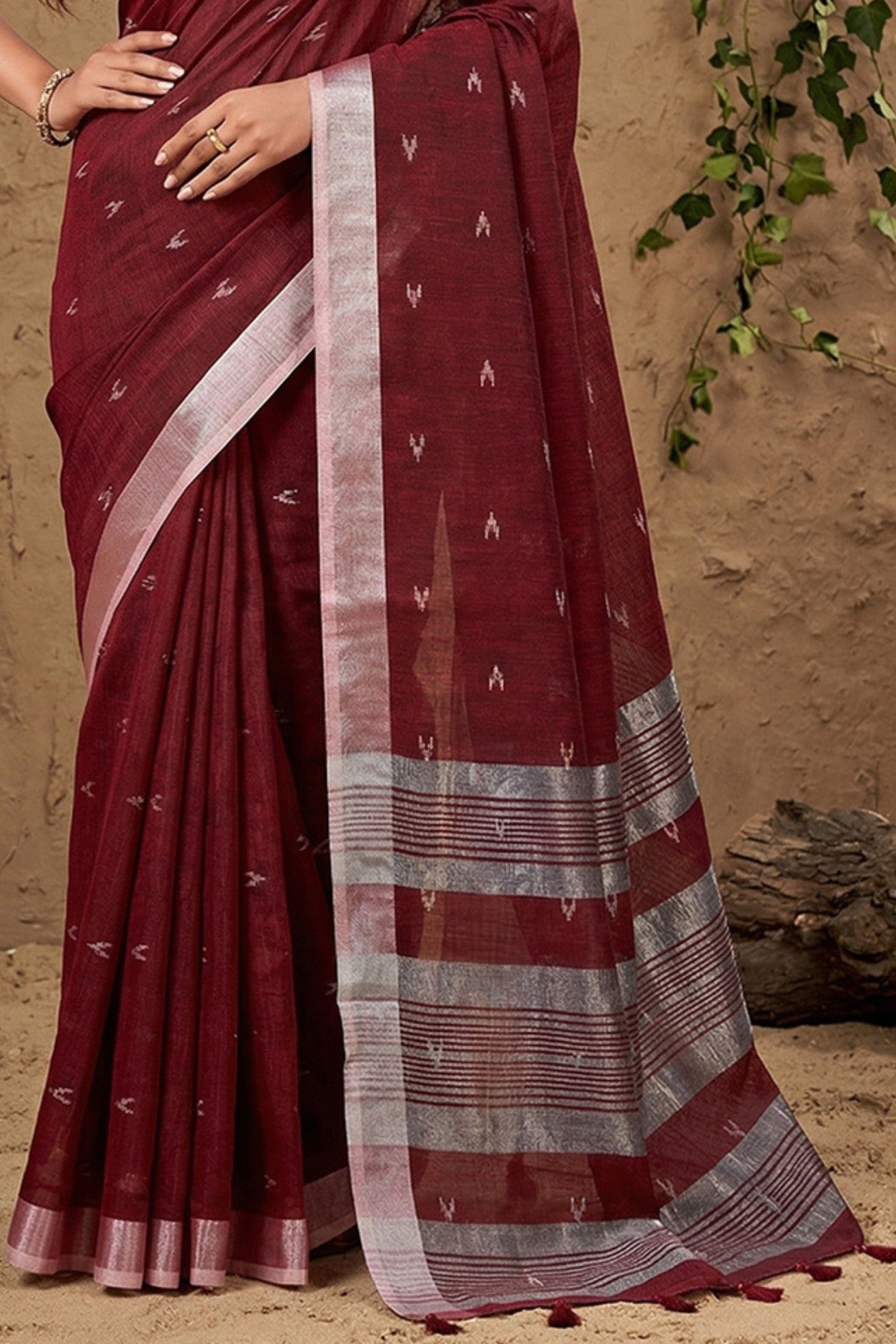 Buy MySilkLove Deep Maroon Woven Linen Cotton Saree Online