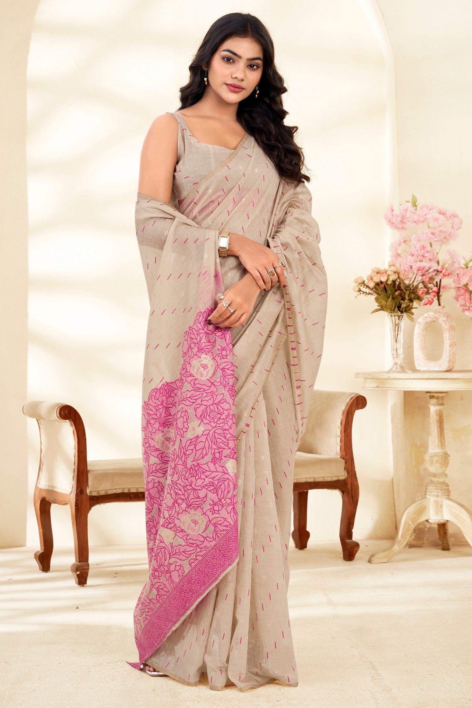 Buy MySilkLove Almond Cream and Pink Woven Modal Cotton Saree Online