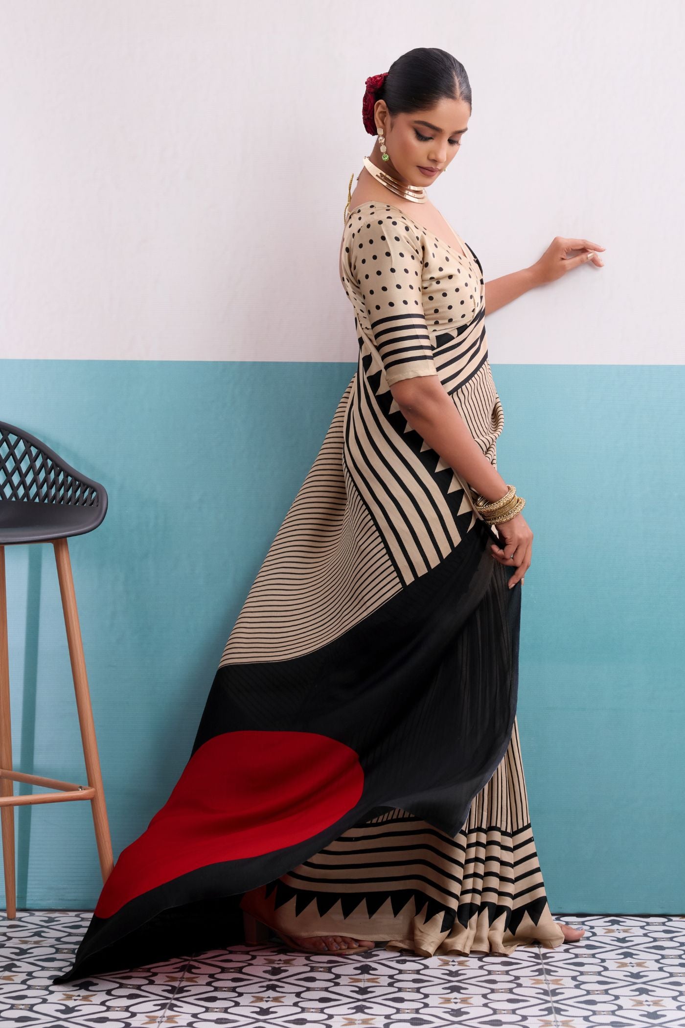 Buy MySilkLove Serenity Cream Stripe Ajrakh Printed Satin Crepe Silk Saree Online