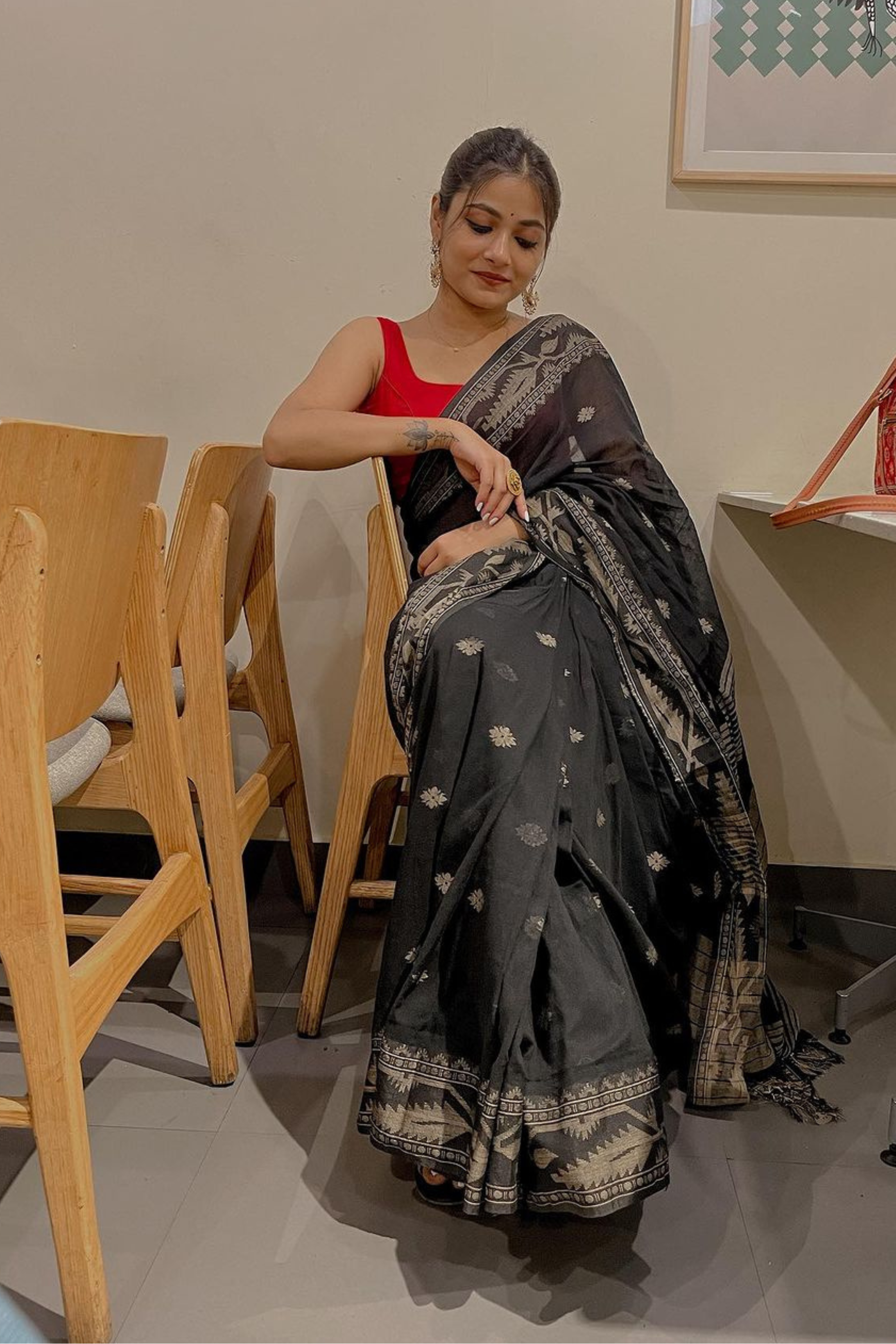 Buy MySilkLove Eerie Black Cotton Tangail Handloom Saree Online