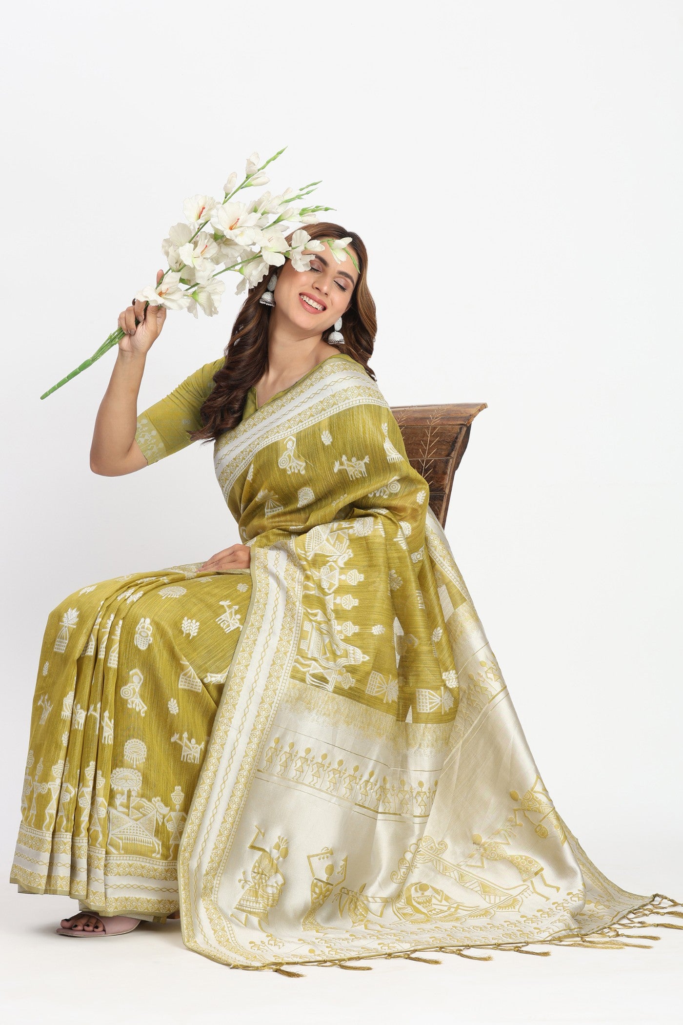 Buy MySilkLove Green Lizard Woven Linen Cotton Saree Online