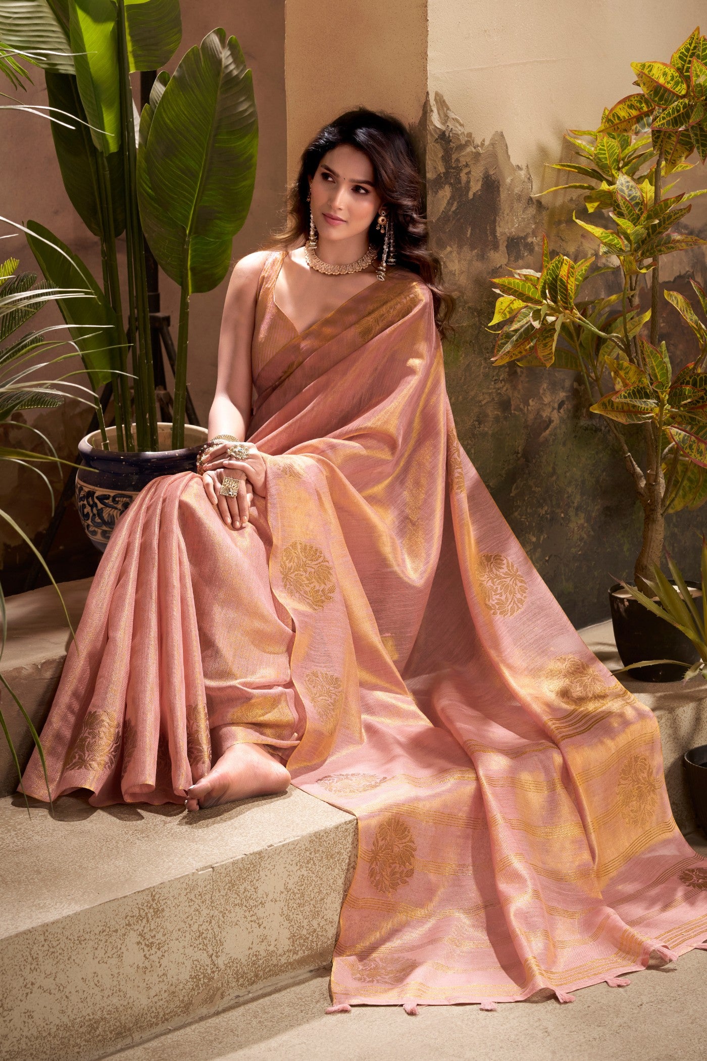 Buy MySilkLove Pastel Peach Woven Tissue Saree Online