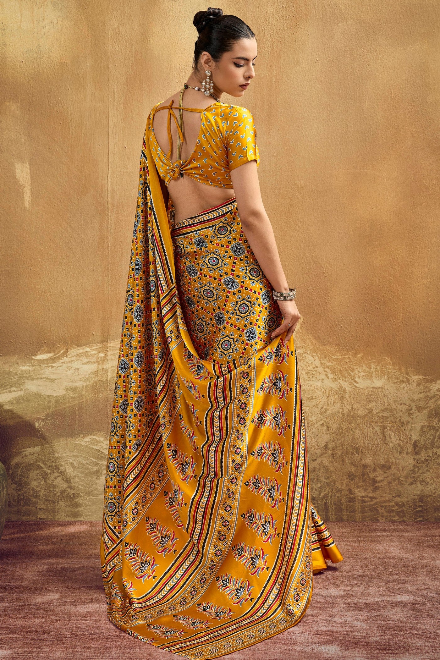 Buy MySilkLove Jonquil Yellow Modal Ajrakh Satin Printed Silk Saree Online