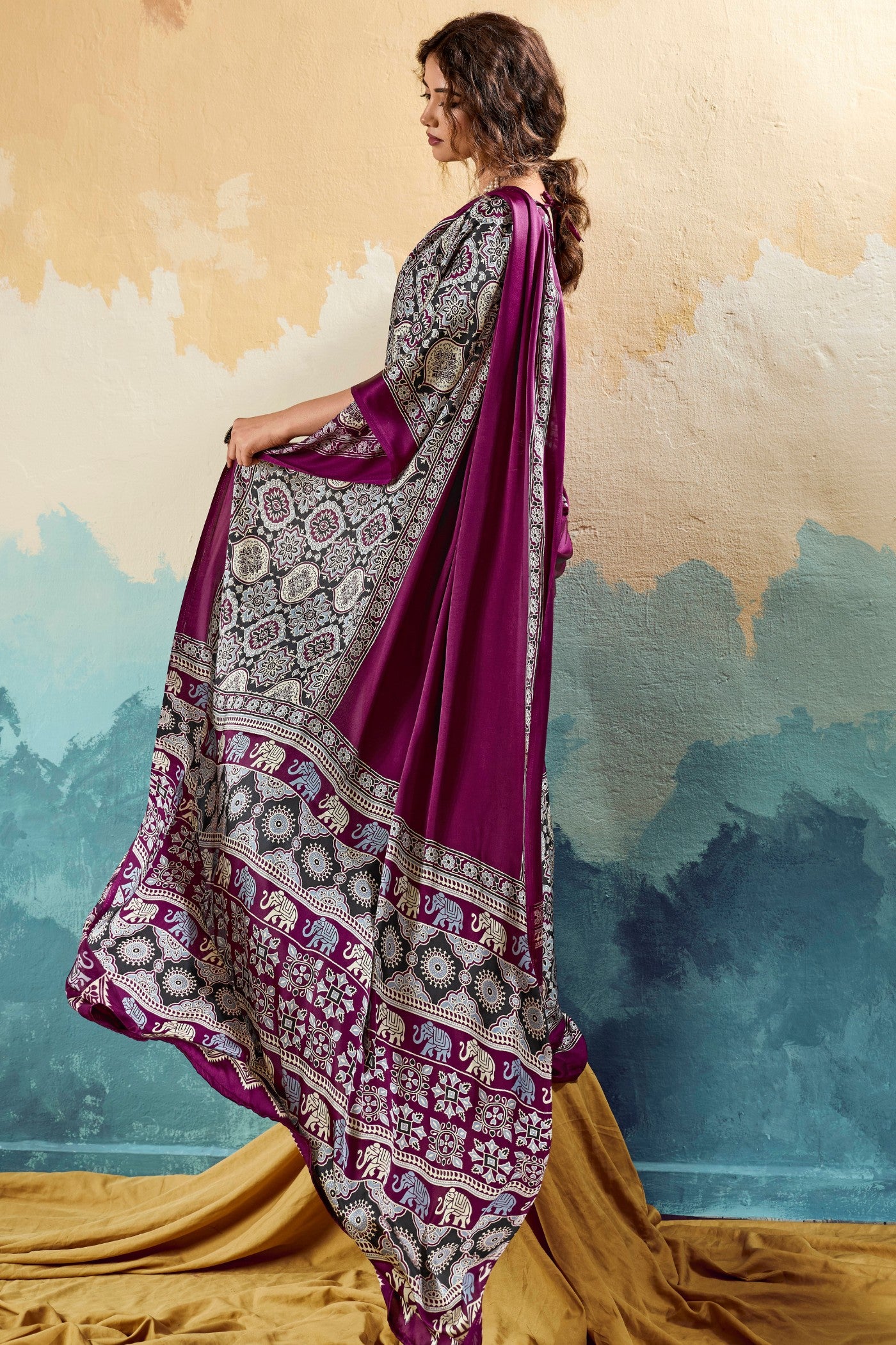 MySilkLove Taco Purple Modal Ajrakh Satin Printed Silk Saree
