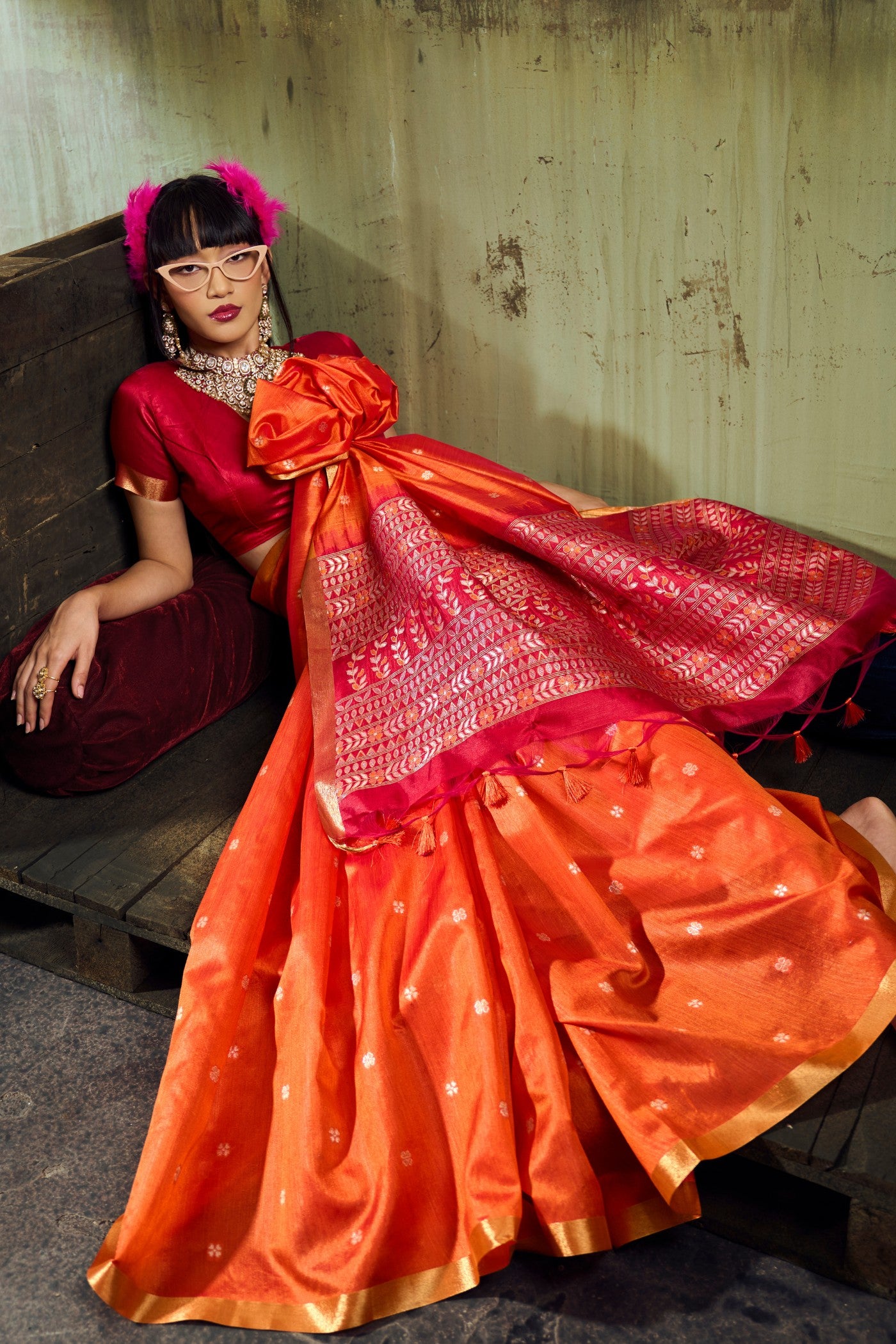 Buy MySilkLove Tangerine Orange Tussar Handloom Silk Saree Online