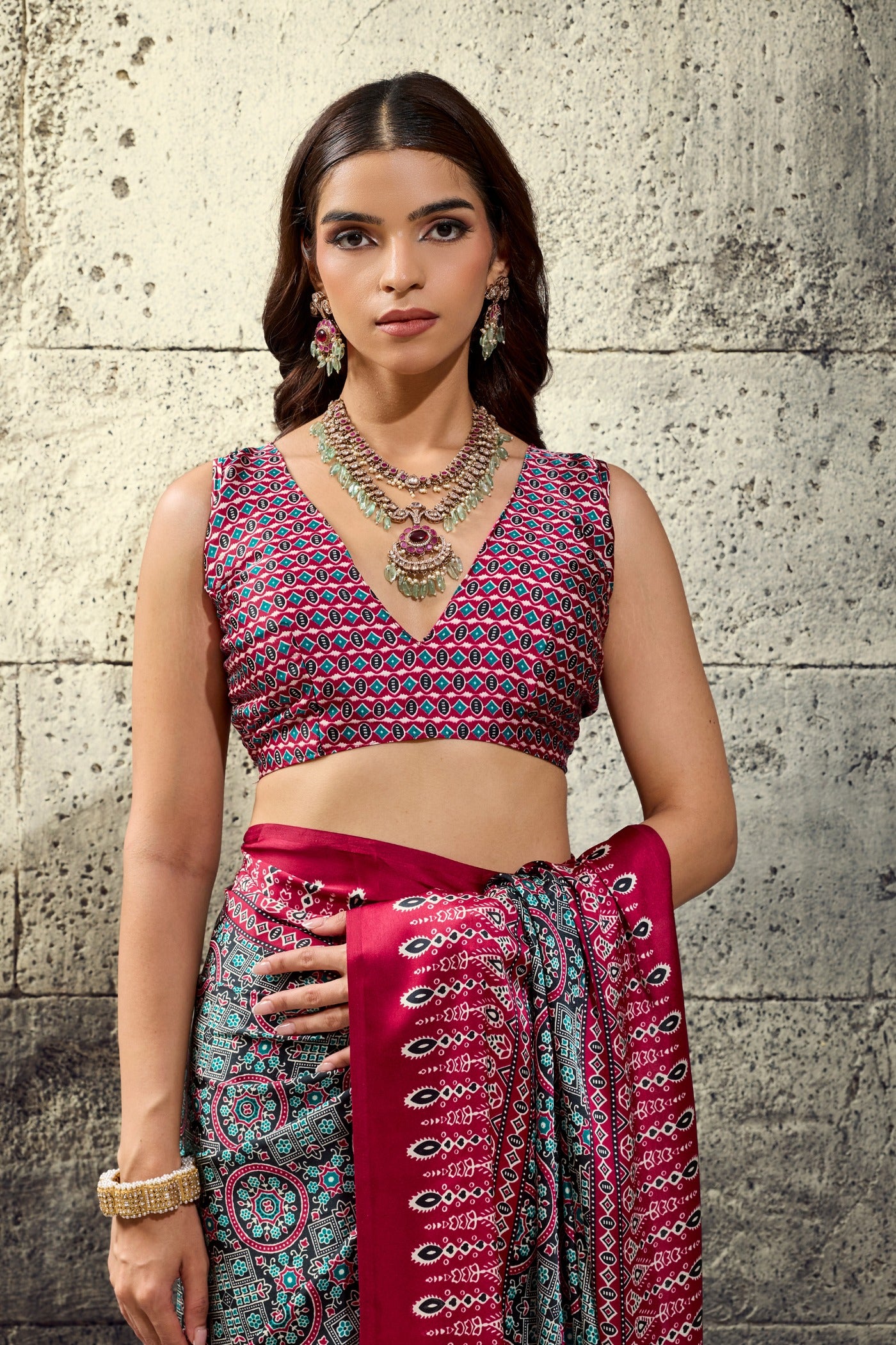 Buy MySilkLove Navy Blue and Maroon Modal Ajrakh Satin Printed Silk Saree Online