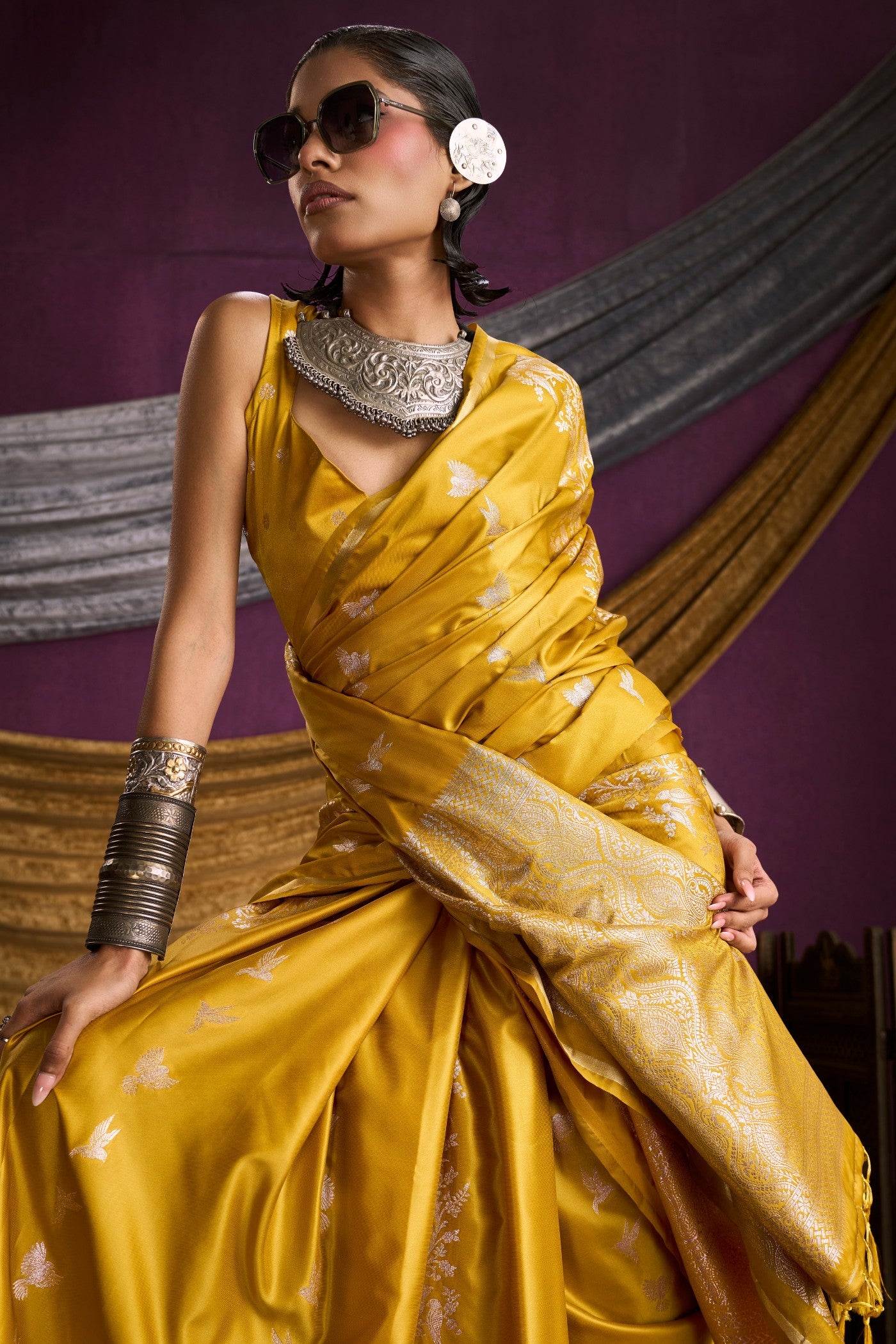 Buy MySilkLove Lemon Yellow Handloom Satin Silk Saree Online