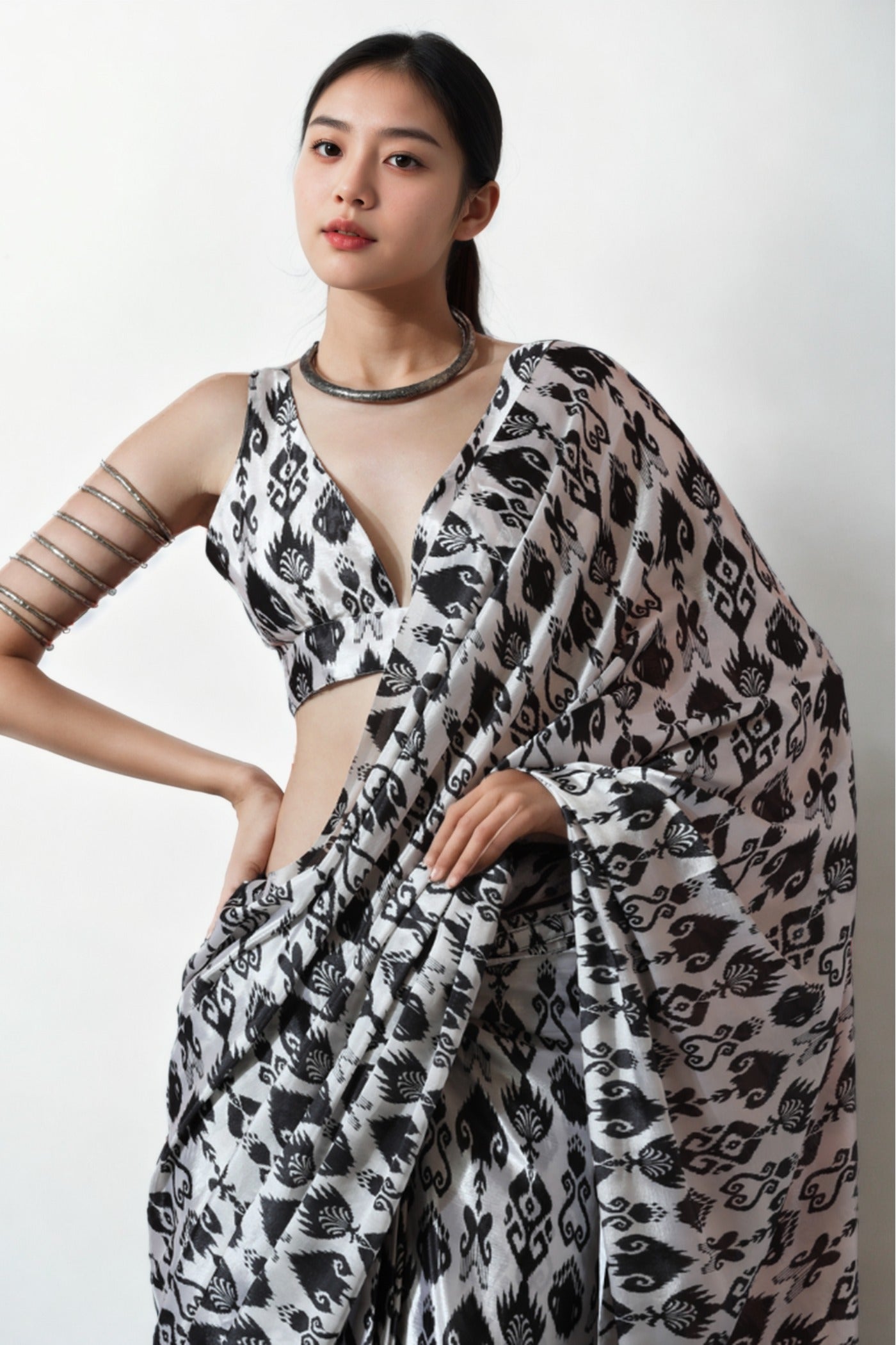 Buy MySilkLove Pitch Black Chinon Digital Printed Ready To Wear Saree Online