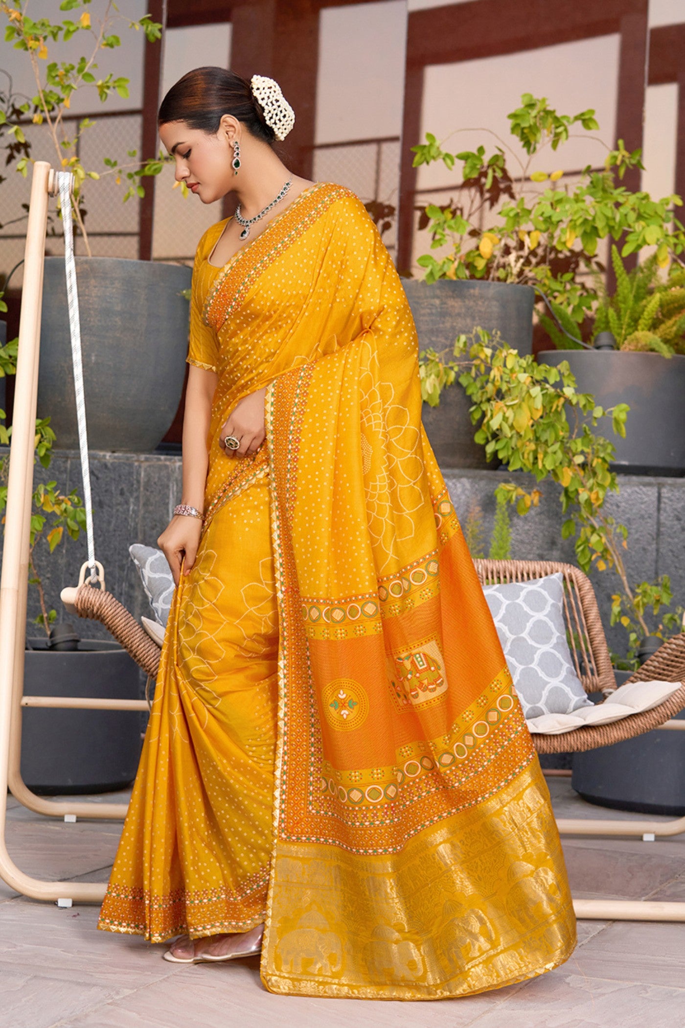 Buy MySilkLove Citrine Yellow Printed Cotton Saree Online