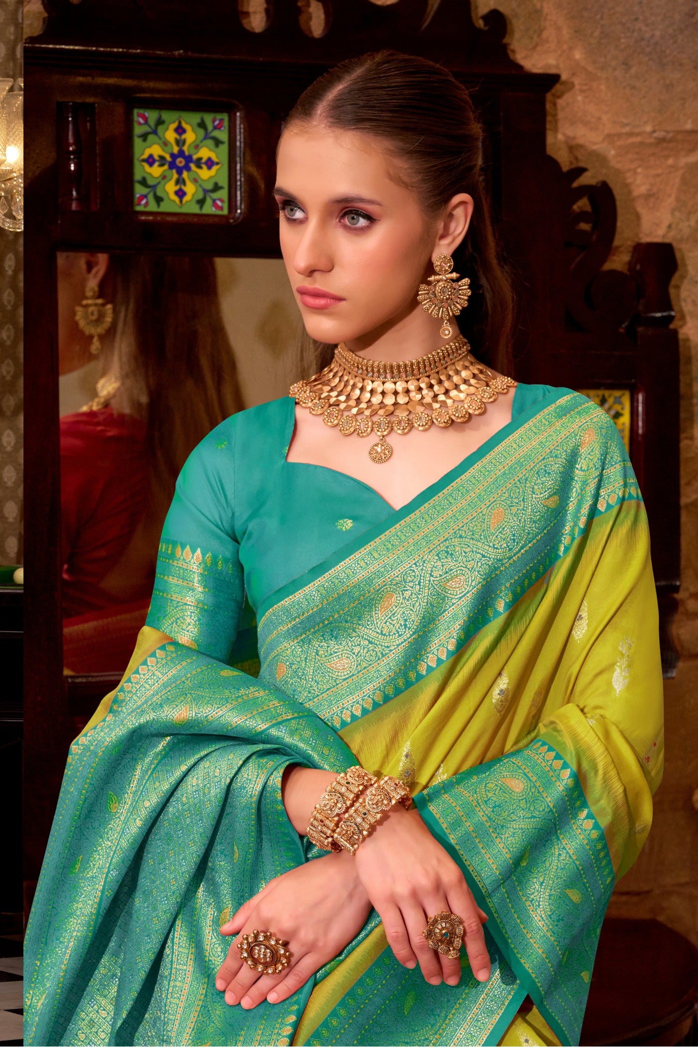 Buy MySilkLove Chartreuse Yellow Woven Banarsi Saree Online
