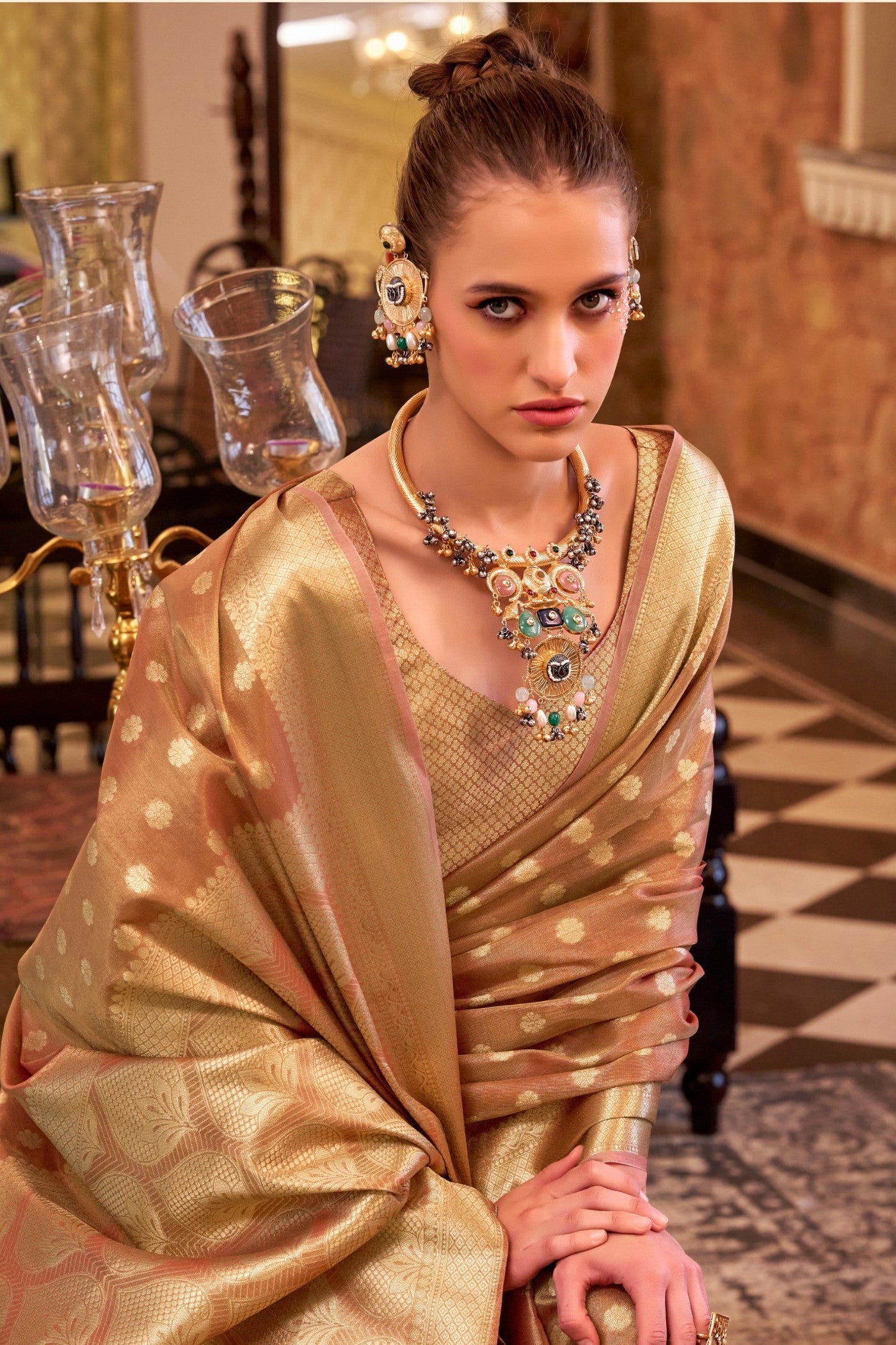 Buy MySilkLove Birch Brown Woven Tissue Silk Saree Online