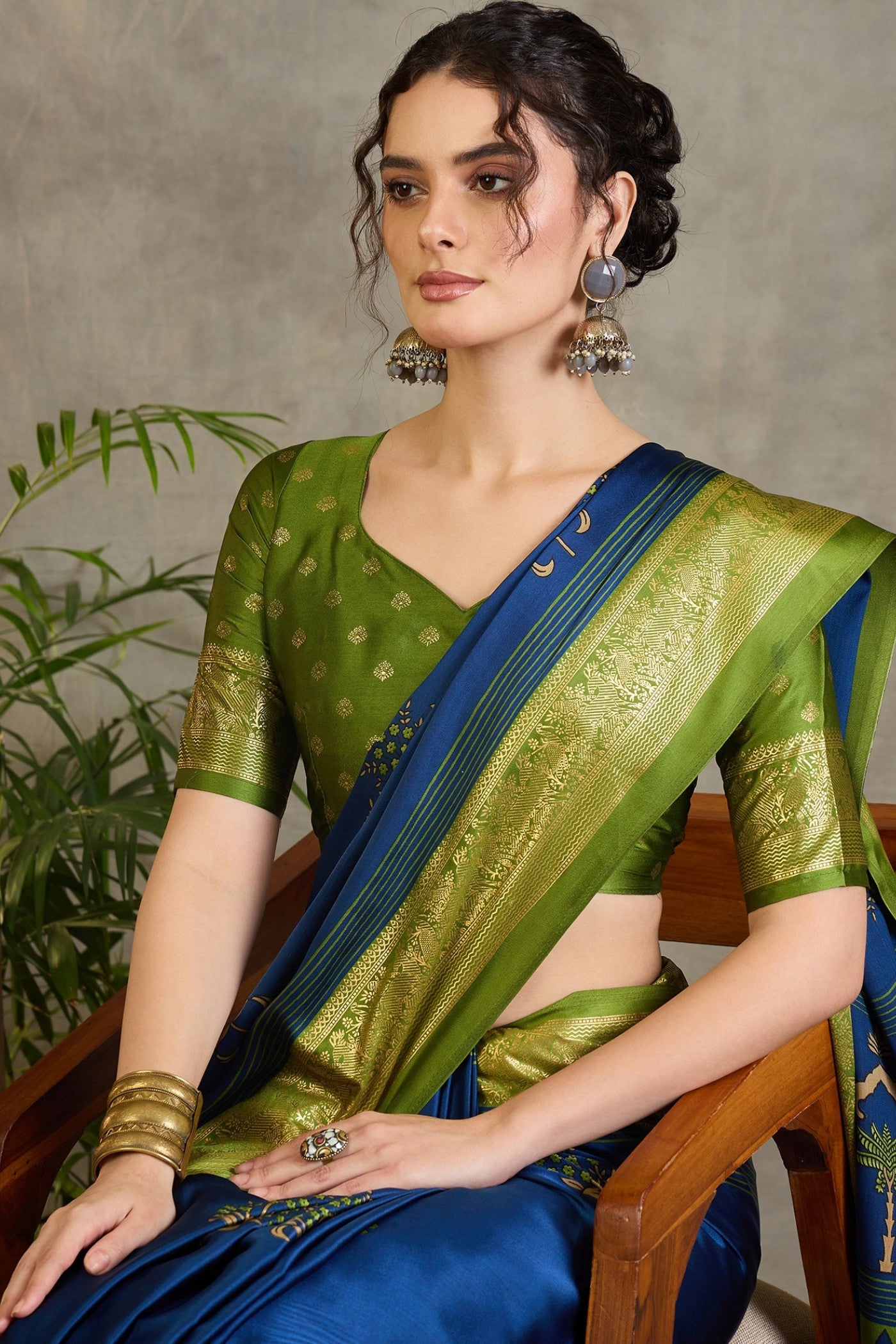 Buy MySilkLove Tidal Blue and Green Printed Satin Crepe Silk Saree Online