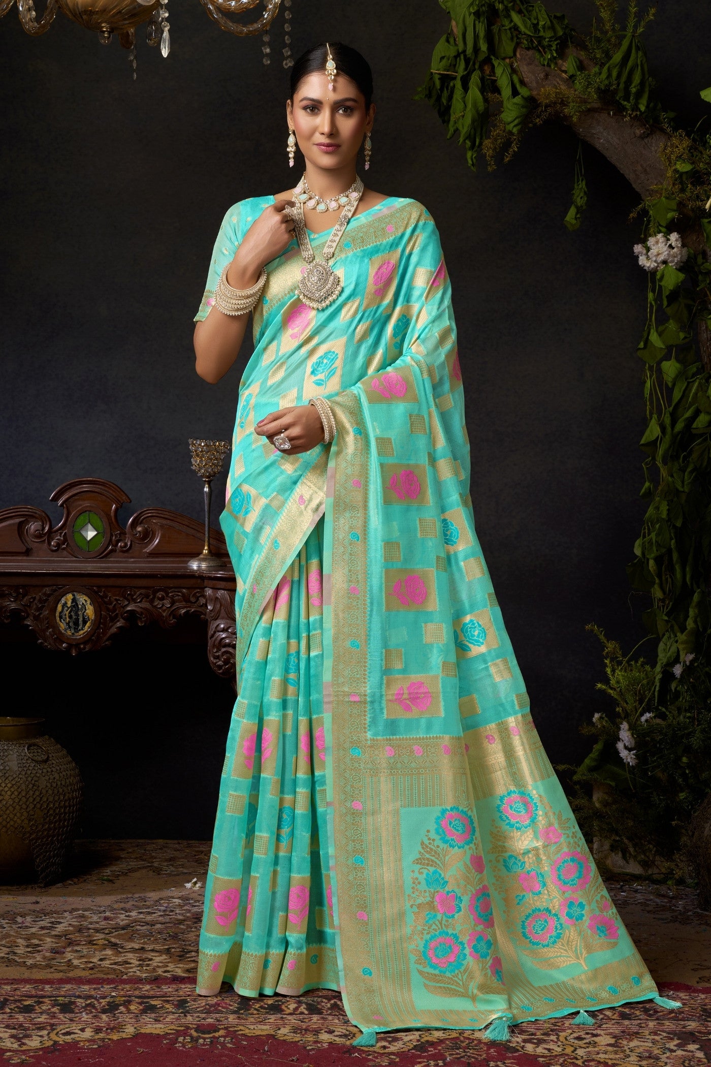 Buy MySilkLove Spring Blue Woven Banarasi Organza Saree Online