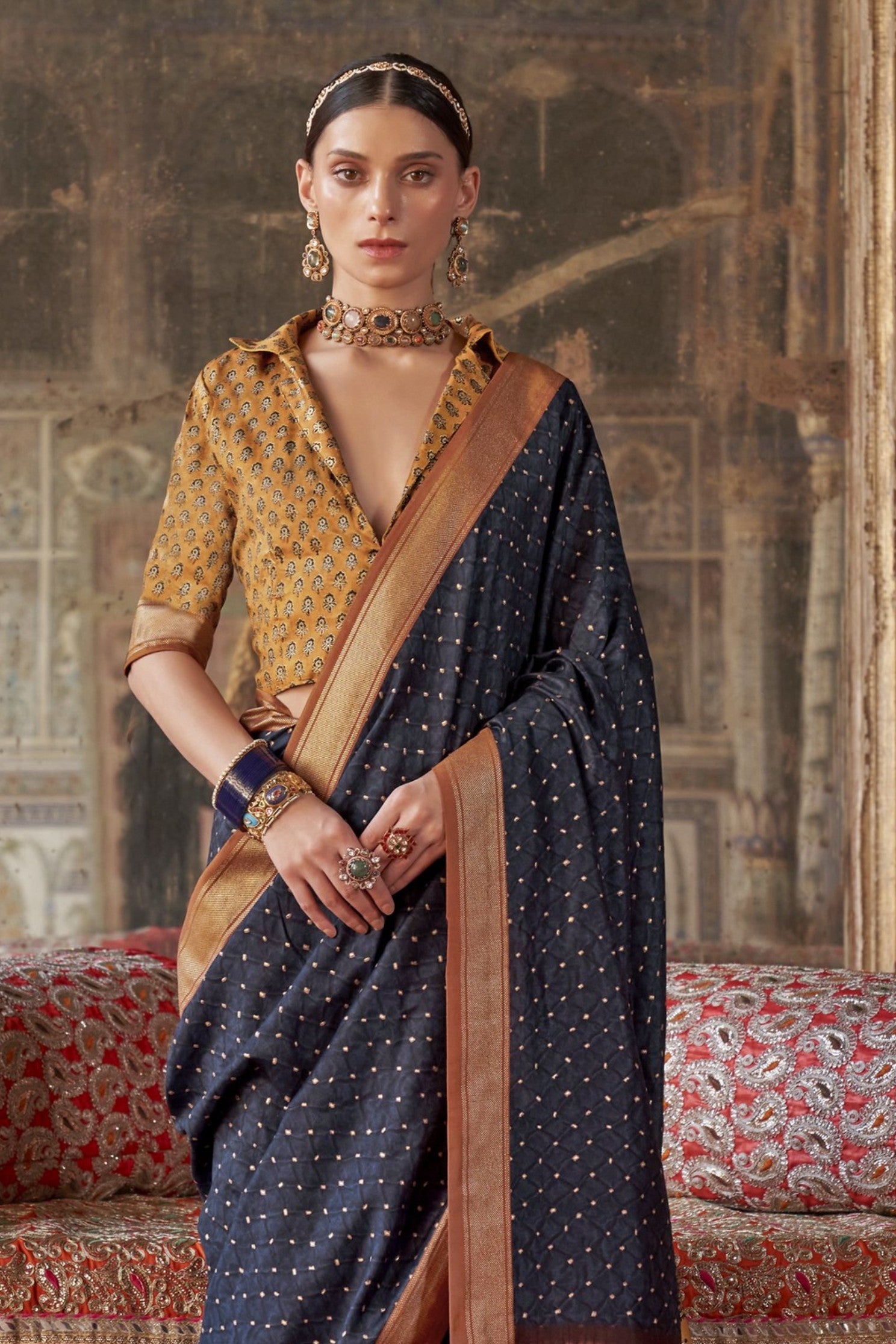 Buy MySilkLove Gun Powder Blue Printed Banarasi Saree Online