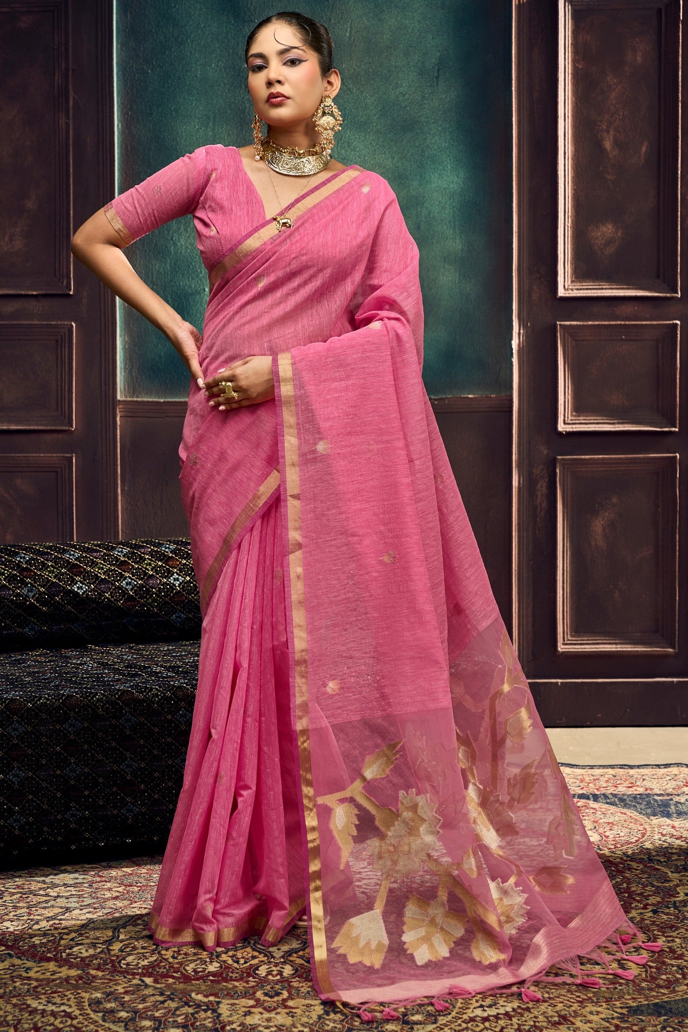 Buy MySilkLove Dusty Rose Pink Munga Handloom Cotton Saree Online