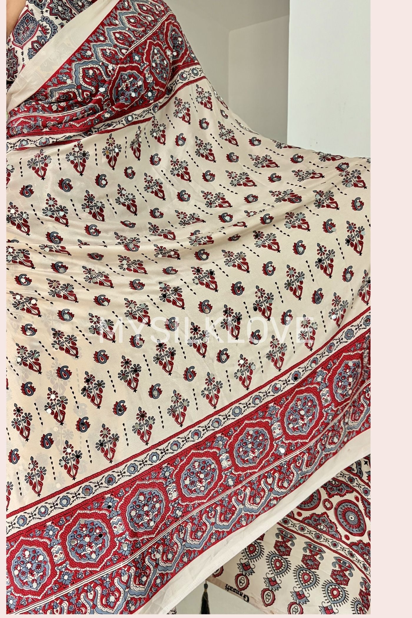 Buy MySilkLove Neutral Beige Modal Ajrakh Satin Printed Mirror Work Saree Online