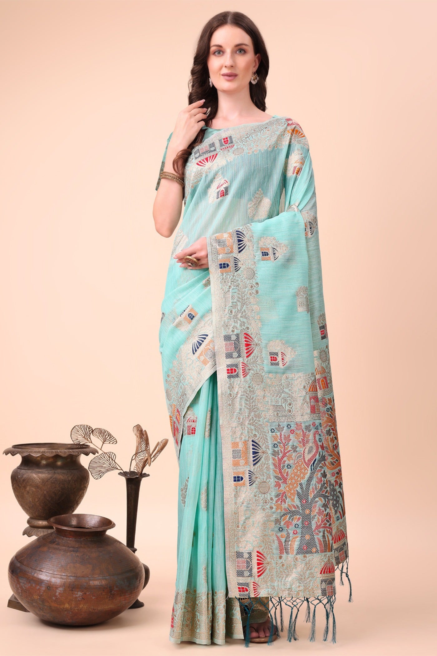 Buy MySilkLove Celeste Blue Linen Cotton Saree Online