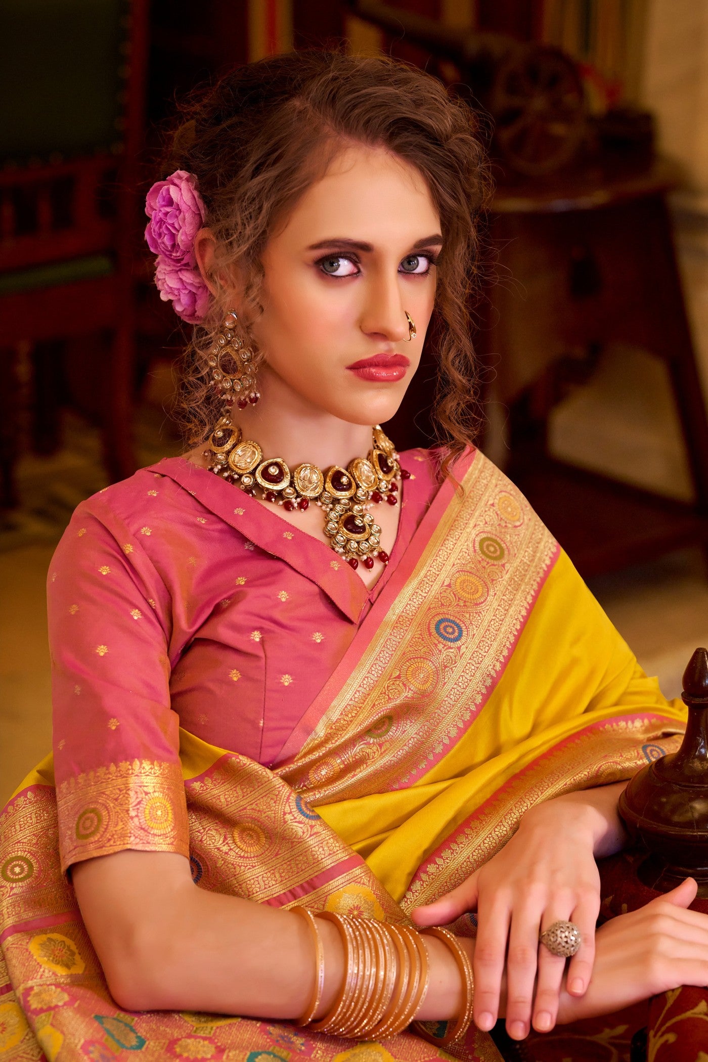 Buy MySilkLove Aureolin Yellow Woven Banarasi Soft Silk Saree Online