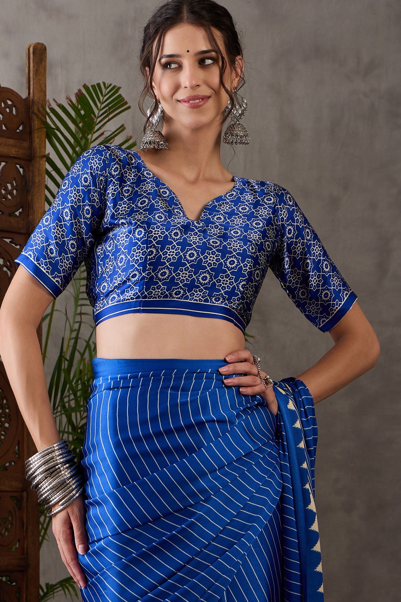Buy MySilkLove Bondi Blue Printed Satin Gaji Silk Saree Online