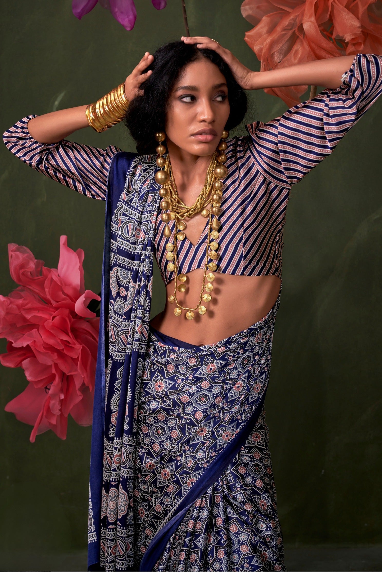 Buy MySilkLove Dodger Blue Ajrakh Printed Satin Crepe Silk Saree Online