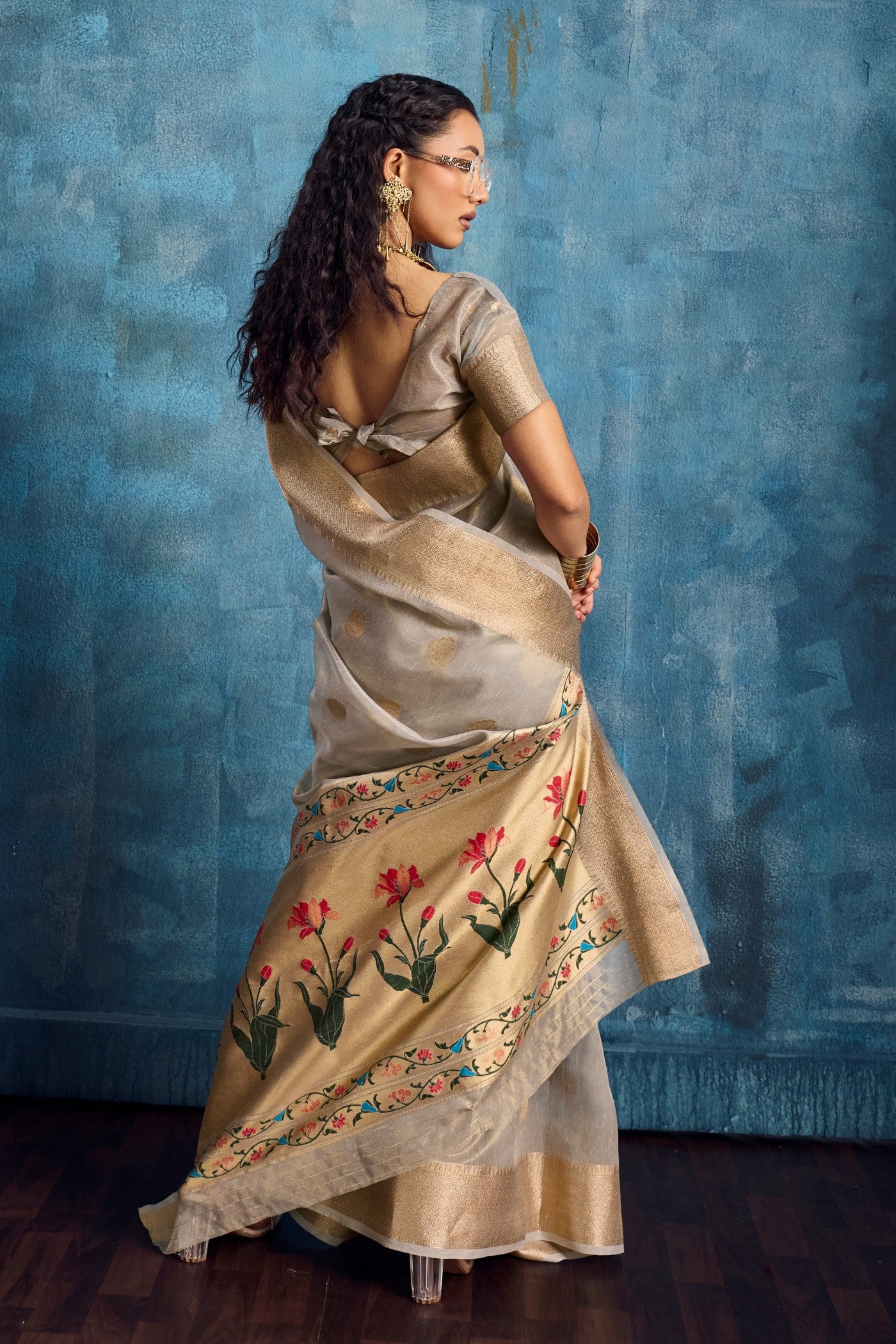 Buy MySilkLove Cadet Grey Zari Woven Tissue Paithani Saree Online