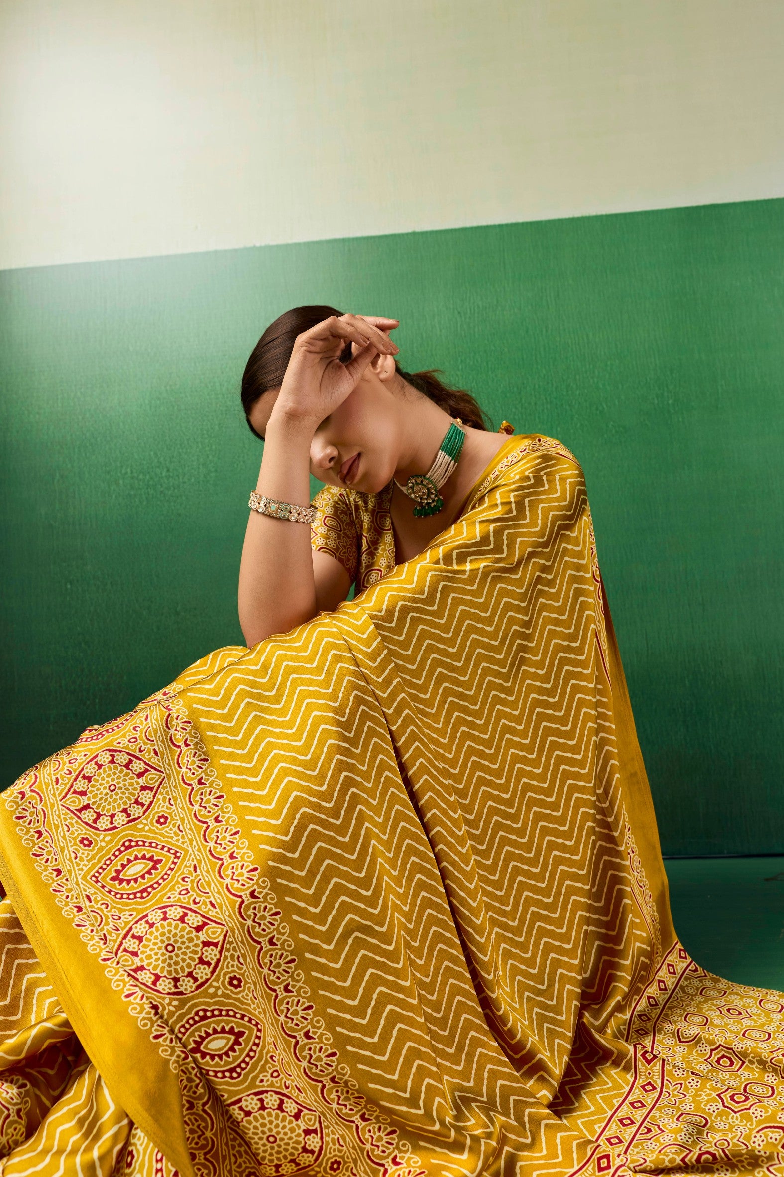 MySilkLove Candlelight Yellow Modal Ajrakh Satin Printed Silk Saree