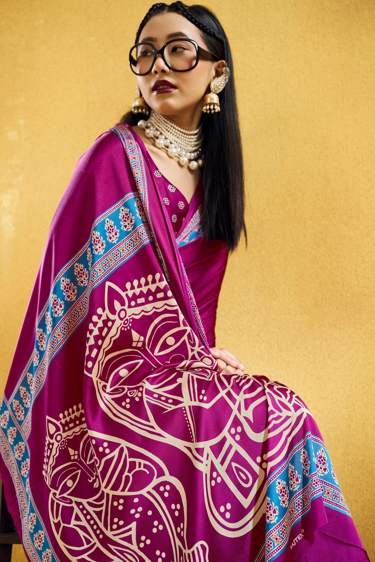 Buy MySilkLove Plum Purple Modal Ajrakh Satin Printed Silk Saree Online