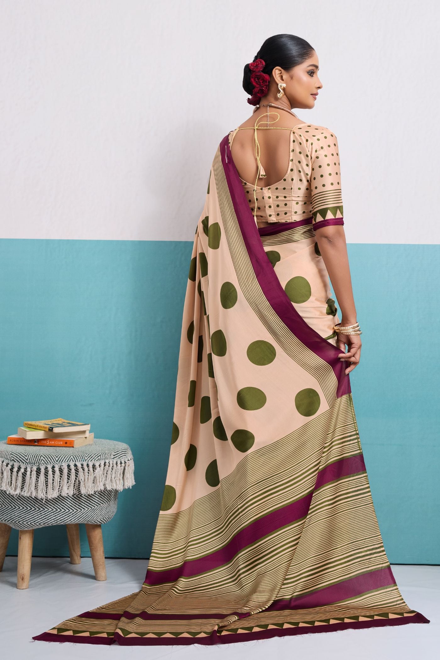 Buy MySilkLove Frosted Cream and Green Polka Dots Satin Crepe Saree Online