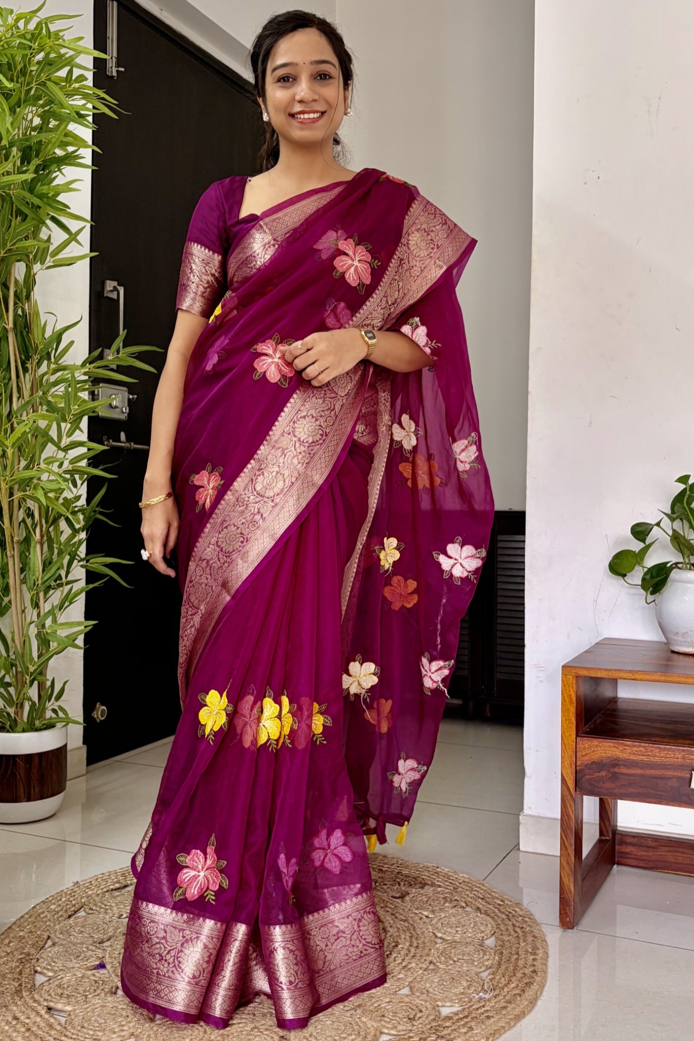 Buy MySilkLove Rose Pink Woven Tissue Floral Saree Online