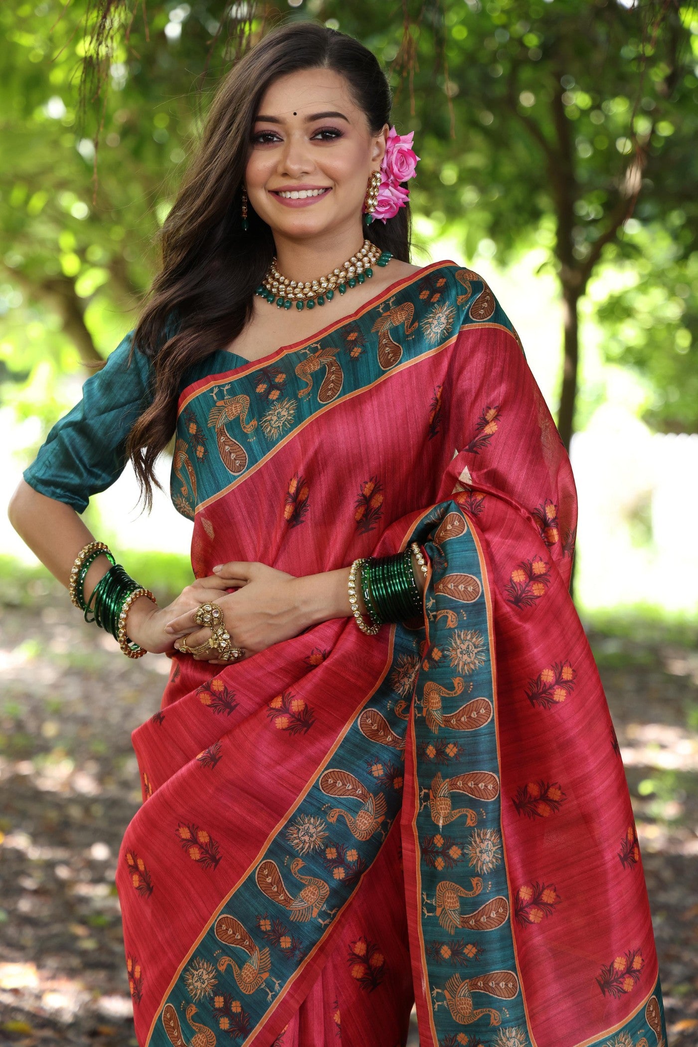 Buy MySilkLove Imperial Red Madhubani Tussar Printed Silk Saree Online