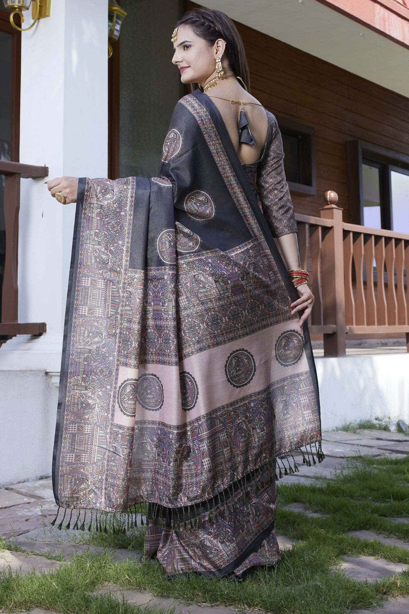 Buy MySilkLove Ink Black Banarasi Digital Printed Saree Online
