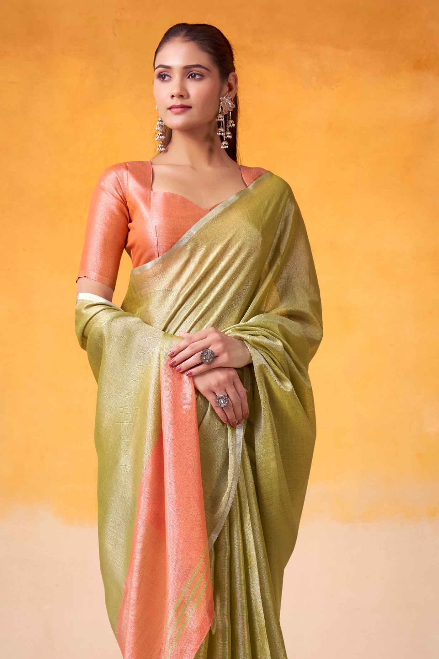 Buy MySilkLove Tea Green and Orange Woven Tissue Silk Saree Online