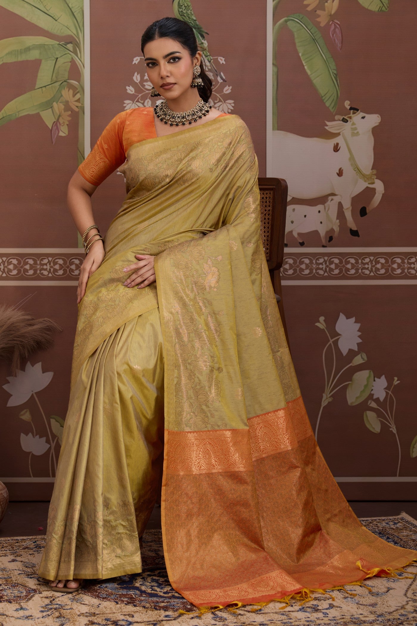 Buy MySilkLove Apple Green Banarasi Handloom Tussar Saree Online