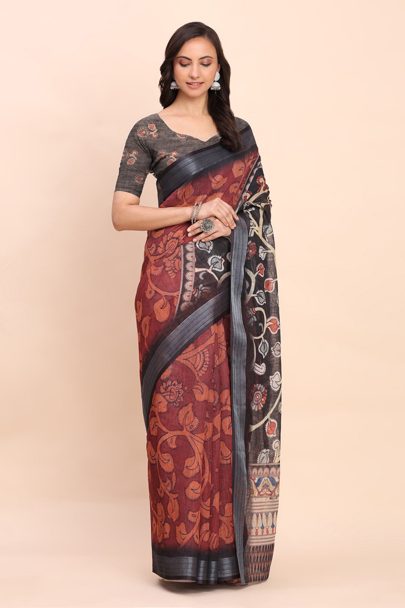 Buy MySilkLove Brick Red Woven Linen Cotton Saree Online