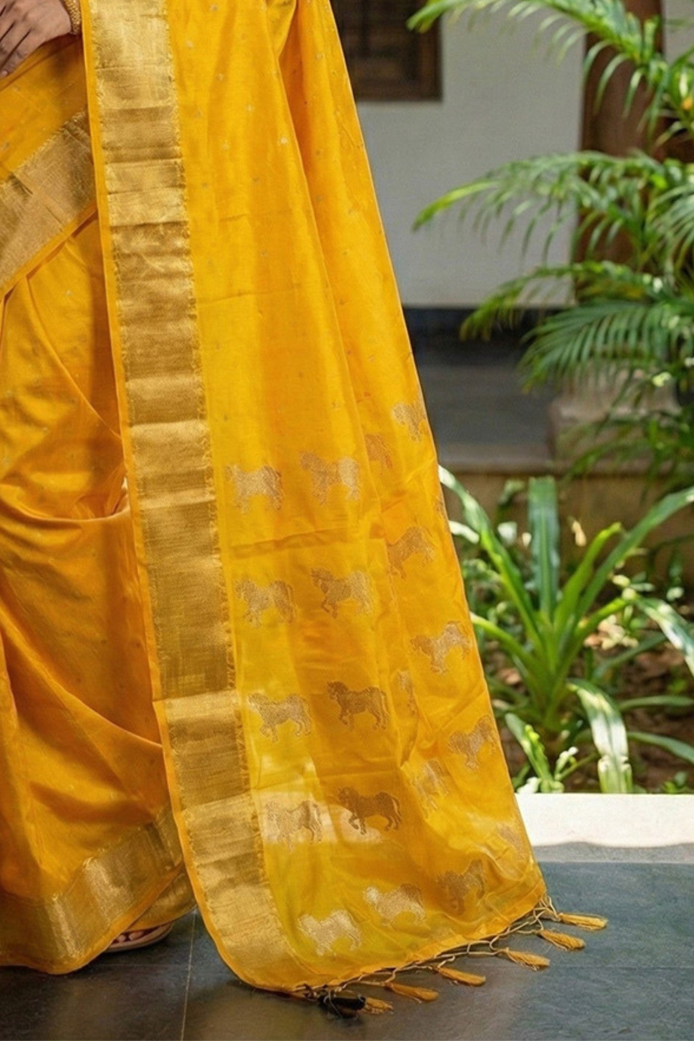 Buy MySilkLove Turmeric Yellow Banarasi Woven Soft Silk Saree Online