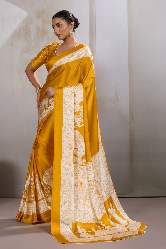 Buy MySilkLove Saffron Yellow Modal Ajrakh Printed Satin Silk Saree Online