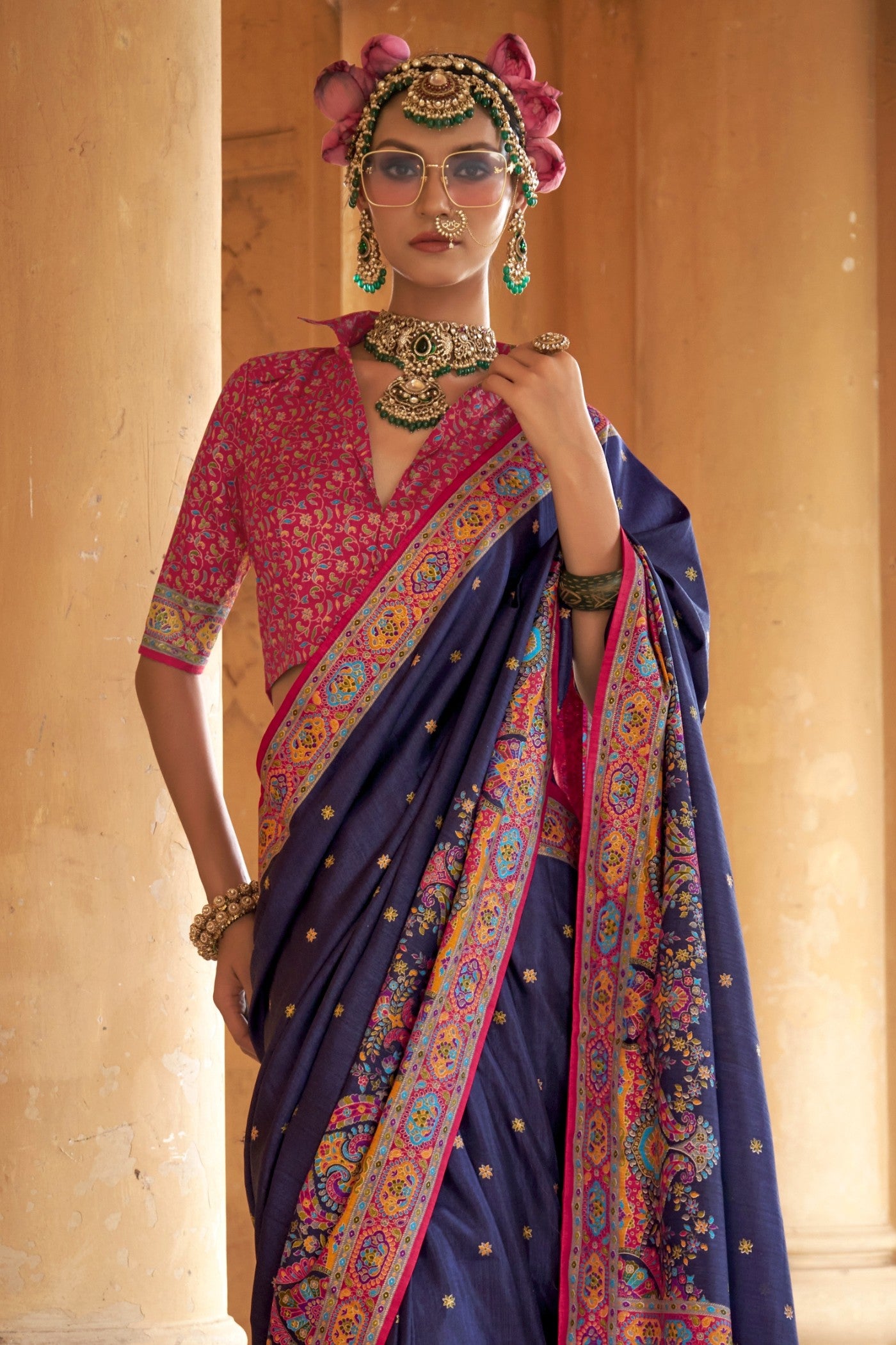 Buy MySilkLove Navy Blue Printed Banarasi Saree Online