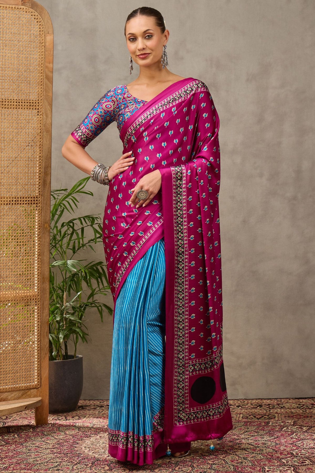 Buy MySilkLove Fuchsia Pink and Blue Modal Satin Printed Silk Saree Online