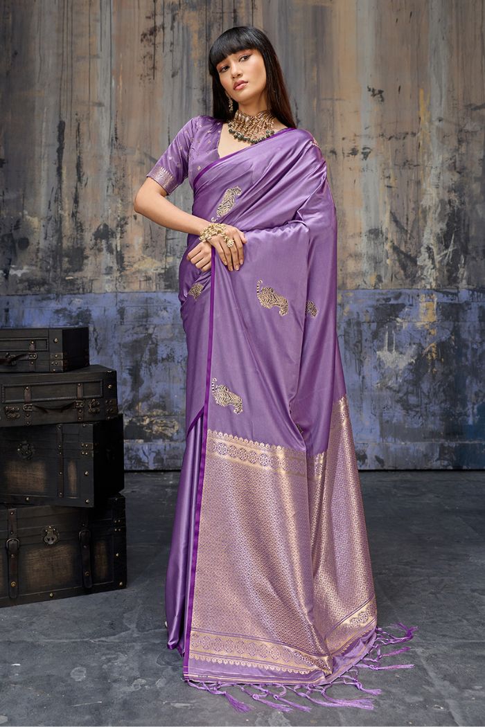 Buy MySilkLove Lilac Purple Handloom Satin Soft Silk Saree Online