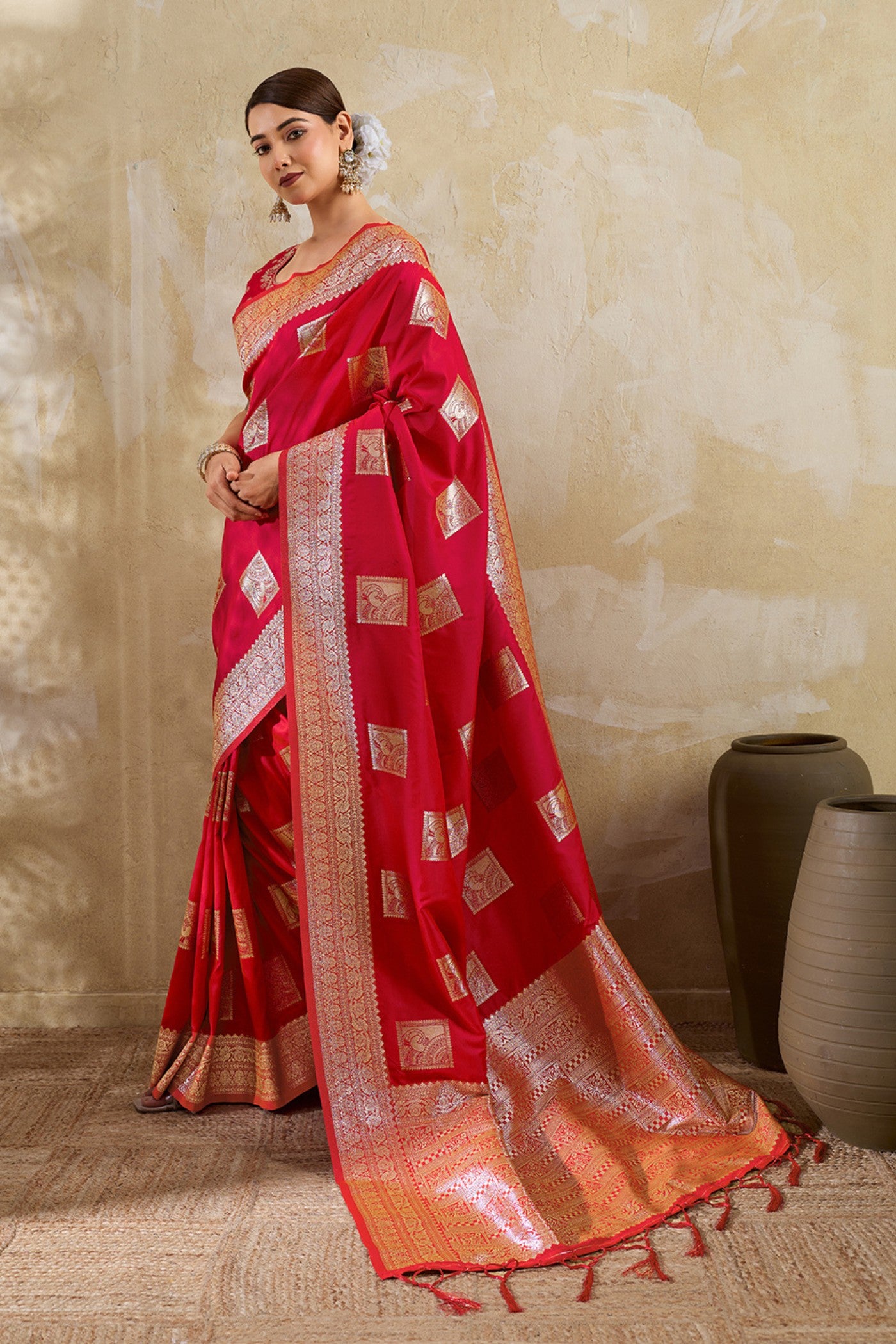 MySilkLove Melon Red Woven Banarasi Soft Silk Saree