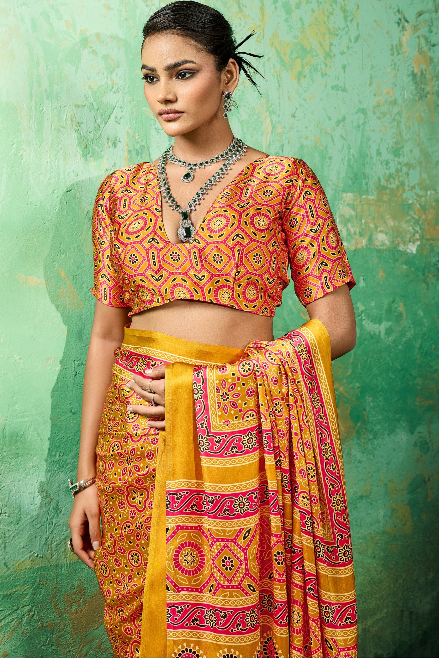 Buy MySilkLove Citrus Spark Yellow Modal Ajrakh Satin Printed Silk Saree Online