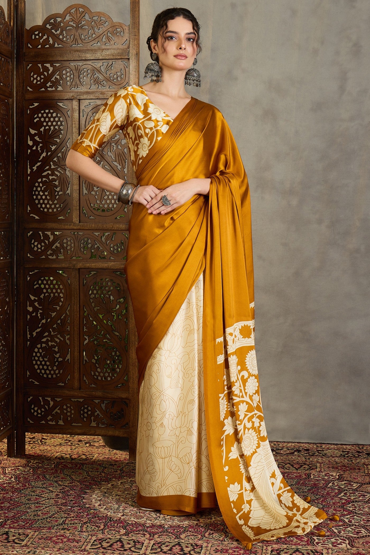 Buy MySilkLove Pineapple Yellow Kalamkari Printed Satin Silk Saree Online