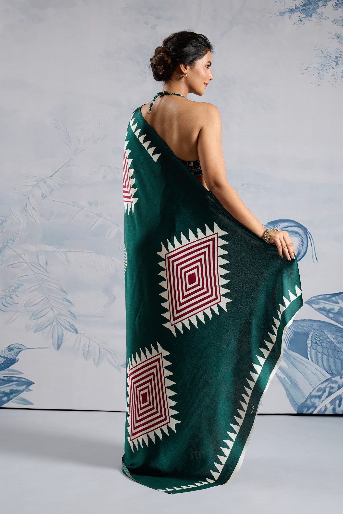 Buy MySilkLove Beryl Green Stripe Ajrakh Printed Satin Crepe Silk Saree Online