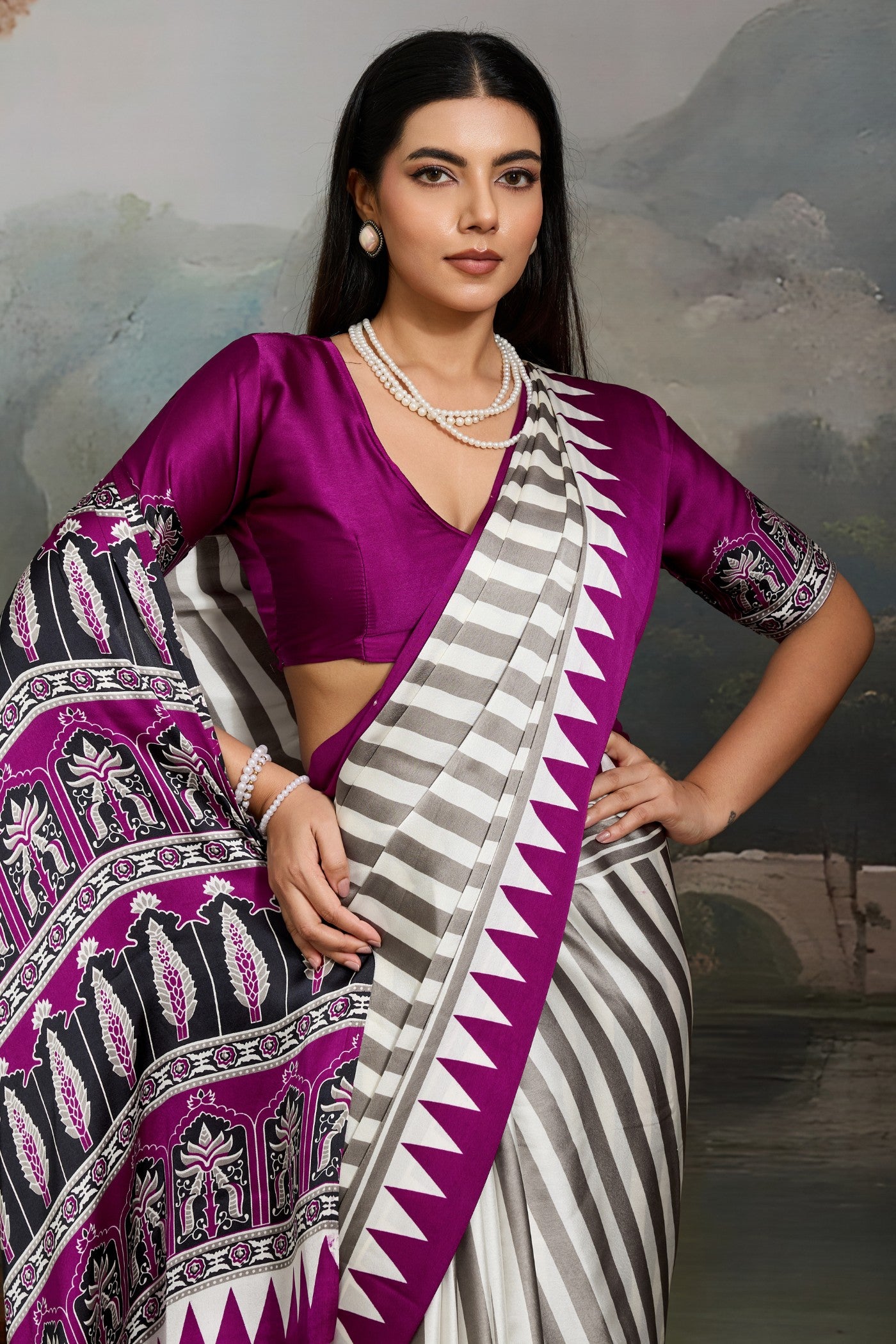 MySilkLove Dutch White and Purple Ajrakh Printed Satin Crepe Silk Saree