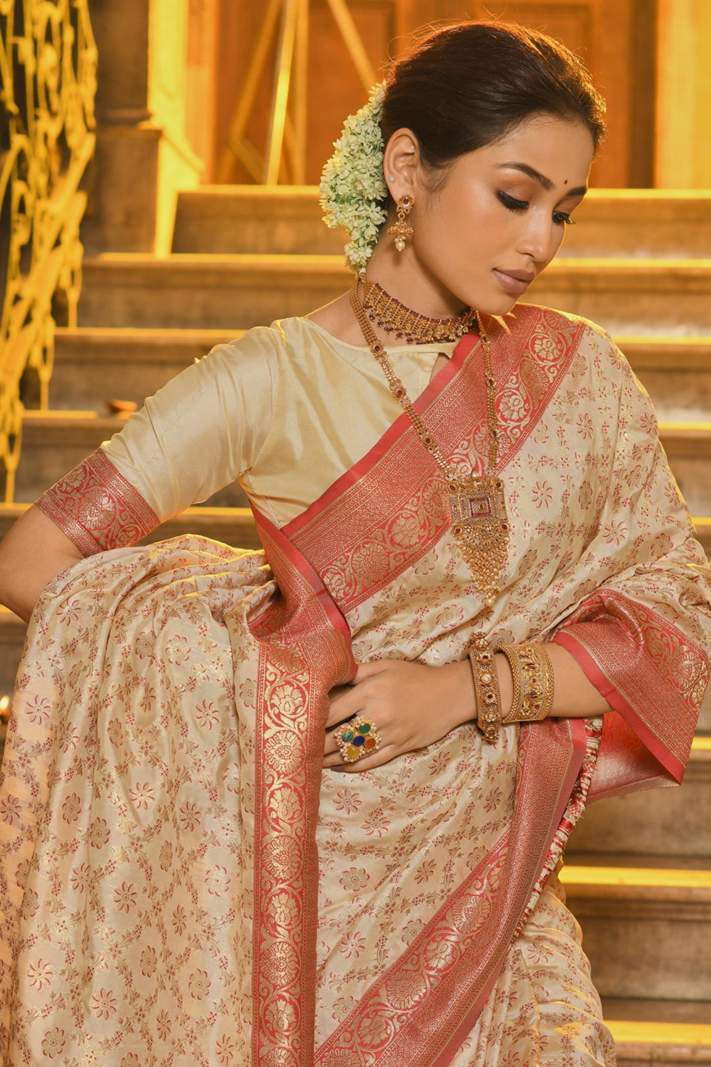 Buy MySilkLove Latte Cream Woven Banarasi Saree Online