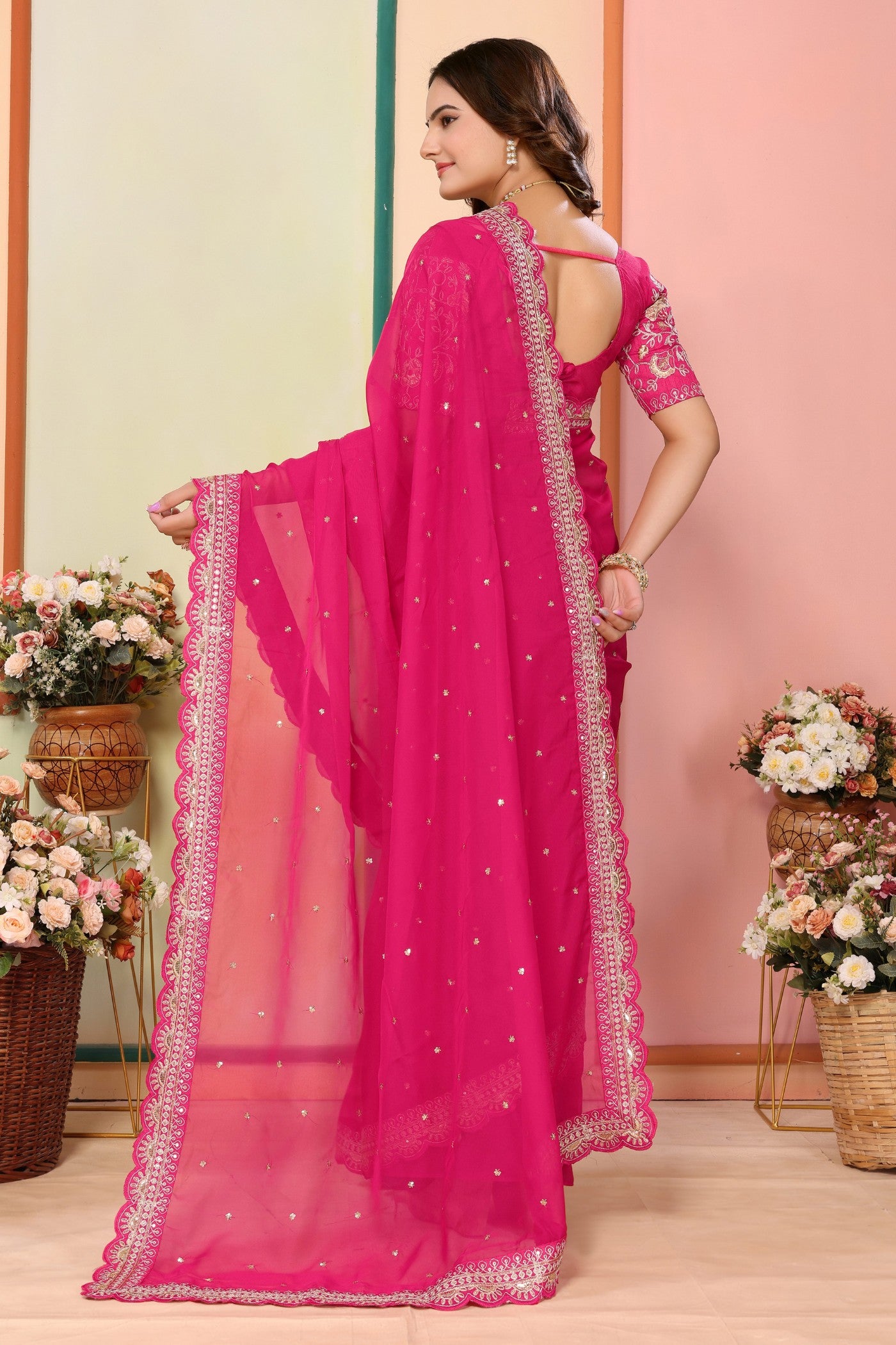 Buy MySilkLove Cerise Pink Organza Designer Partywear Saree Online